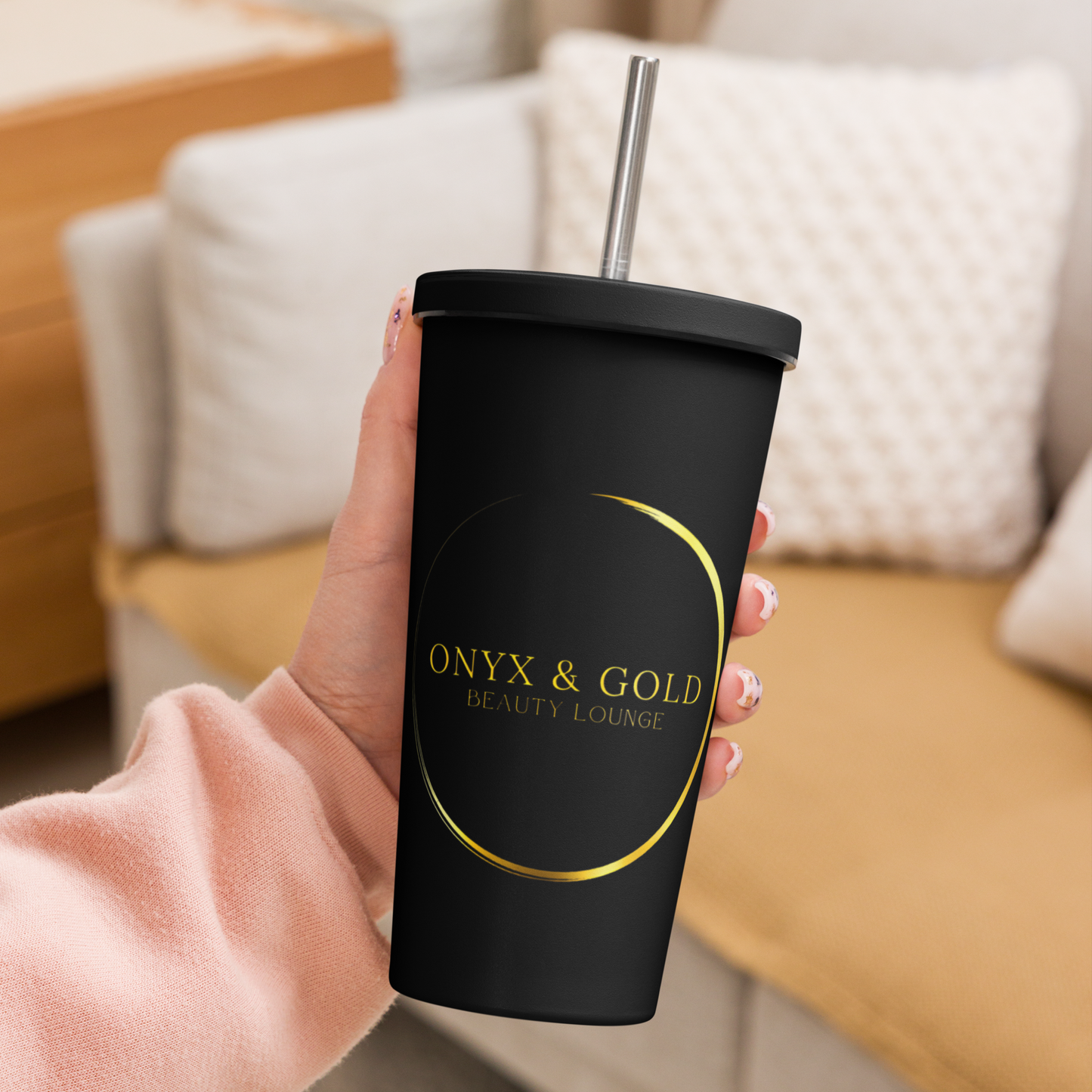 Onyx & Gold 20oz Black Insulated tumbler with a straw