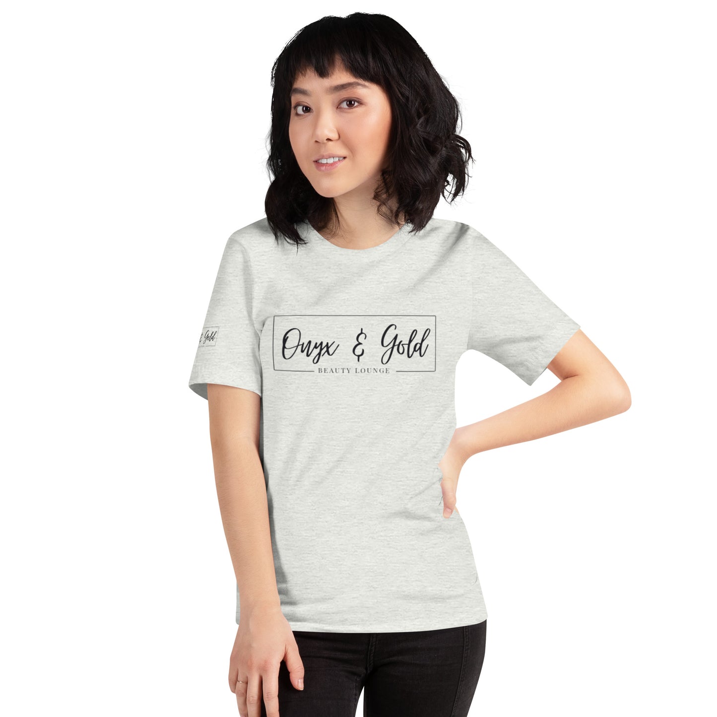 Onyx & Gold Unisex t-shirt - Bella + Canvas 3001 - Black Logo w/ Right Sleeve Logo