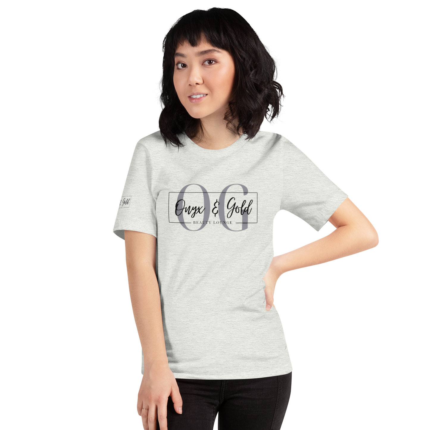Onyx & Gold Unisex t-shirt - Bella + Canvas 3001 - OG Black Logo w/ Logo on Right sleeve