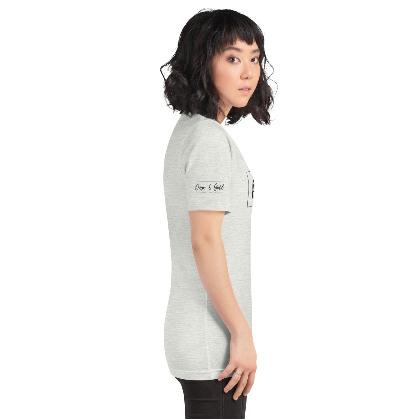 Onyx & Gold Unisex t-shirt - Bella + Canvas 3001 - Black Logo w/ Right Sleeve Logo