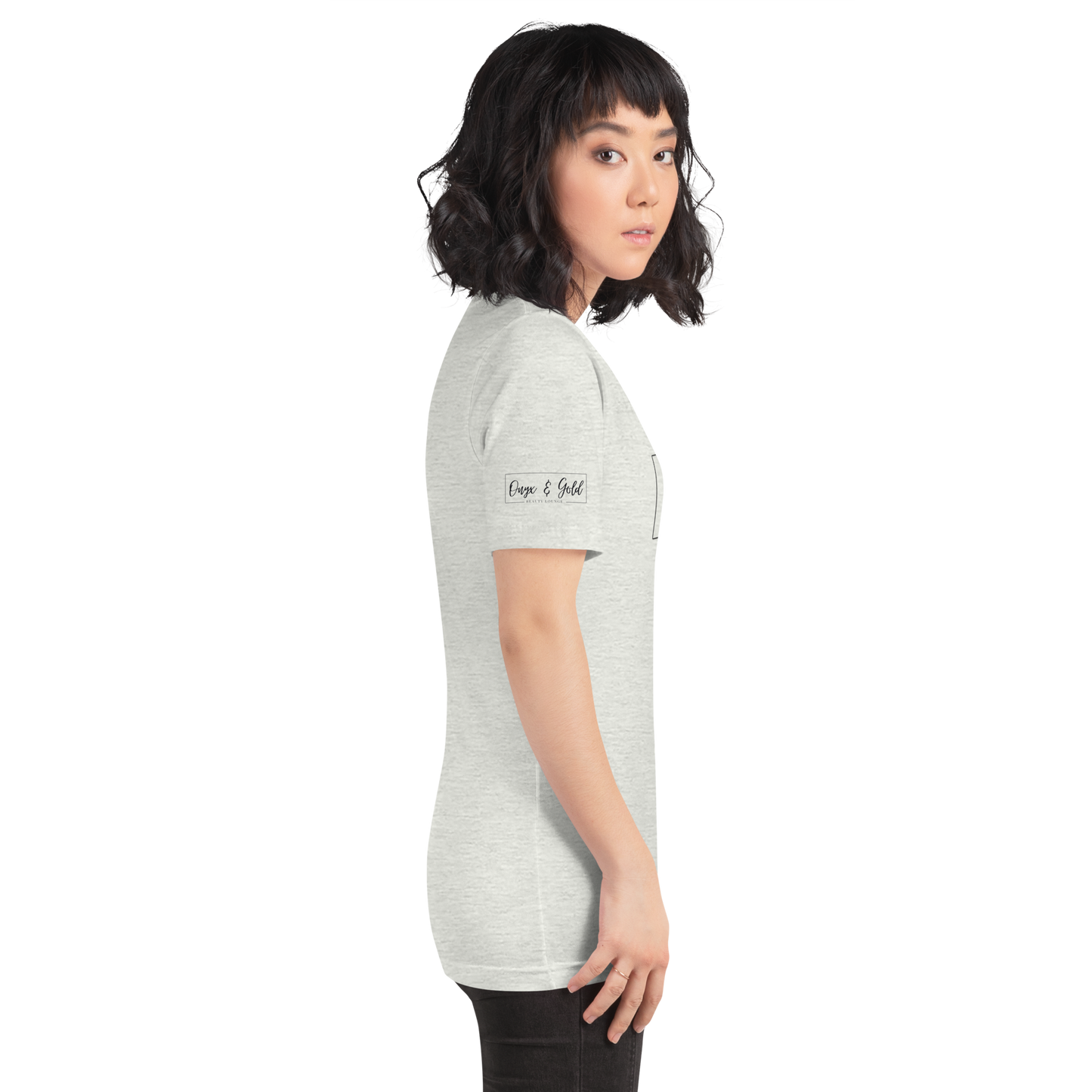 Onyx & Gold Unisex t-shirt - Bella + Canvas 3001 - OG Black Logo w/ Logo on Right sleeve
