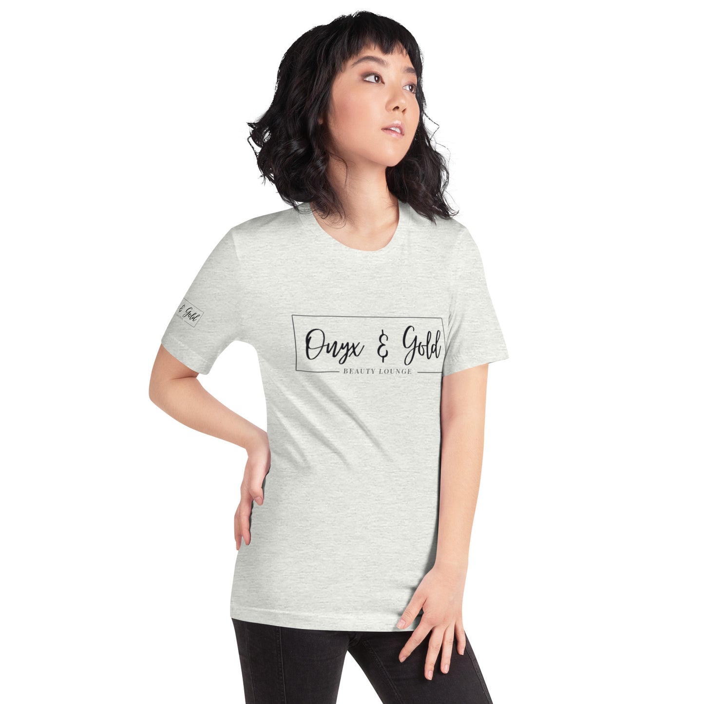 Onyx & Gold Unisex t-shirt - Bella + Canvas 3001 - Black Logo w/ Right Sleeve Logo