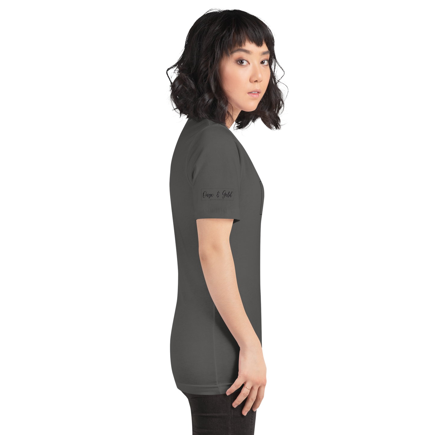 Onyx & Gold Unisex t-shirt - Bella + Canvas 3001 - OG Black Logo w/ Logo on Right sleeve