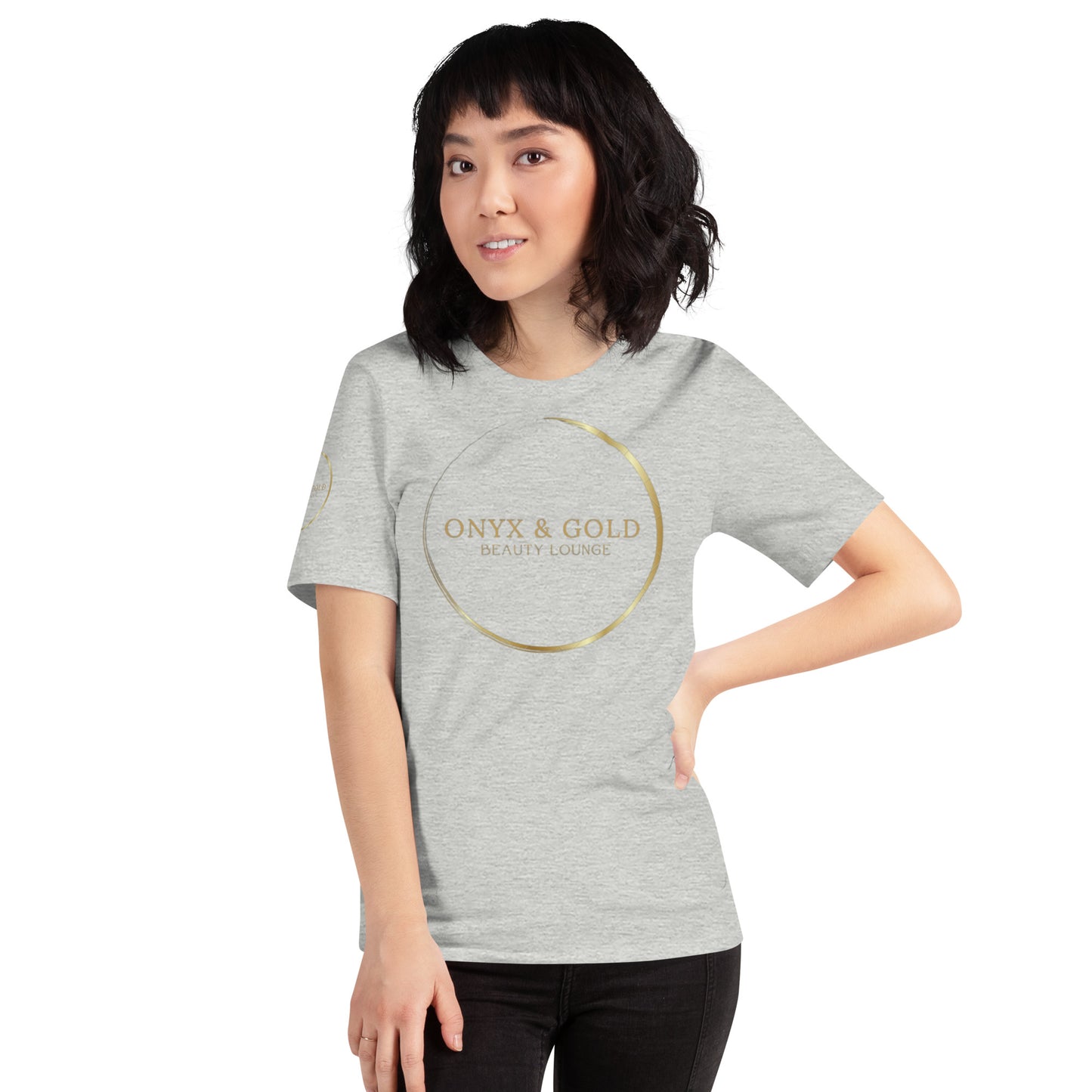 Onyx & Gold Unisex t-shirt - Gold Logo - Bella + Canvas 3001 - Right Sleeve Logo