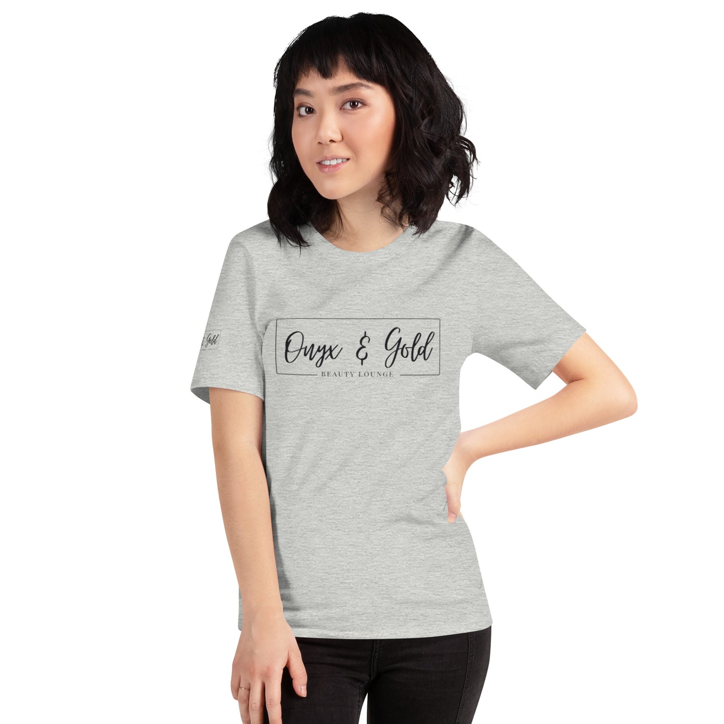 Onyx & Gold Unisex t-shirt - Bella + Canvas 3001 - Black Logo w/ Right Sleeve Logo