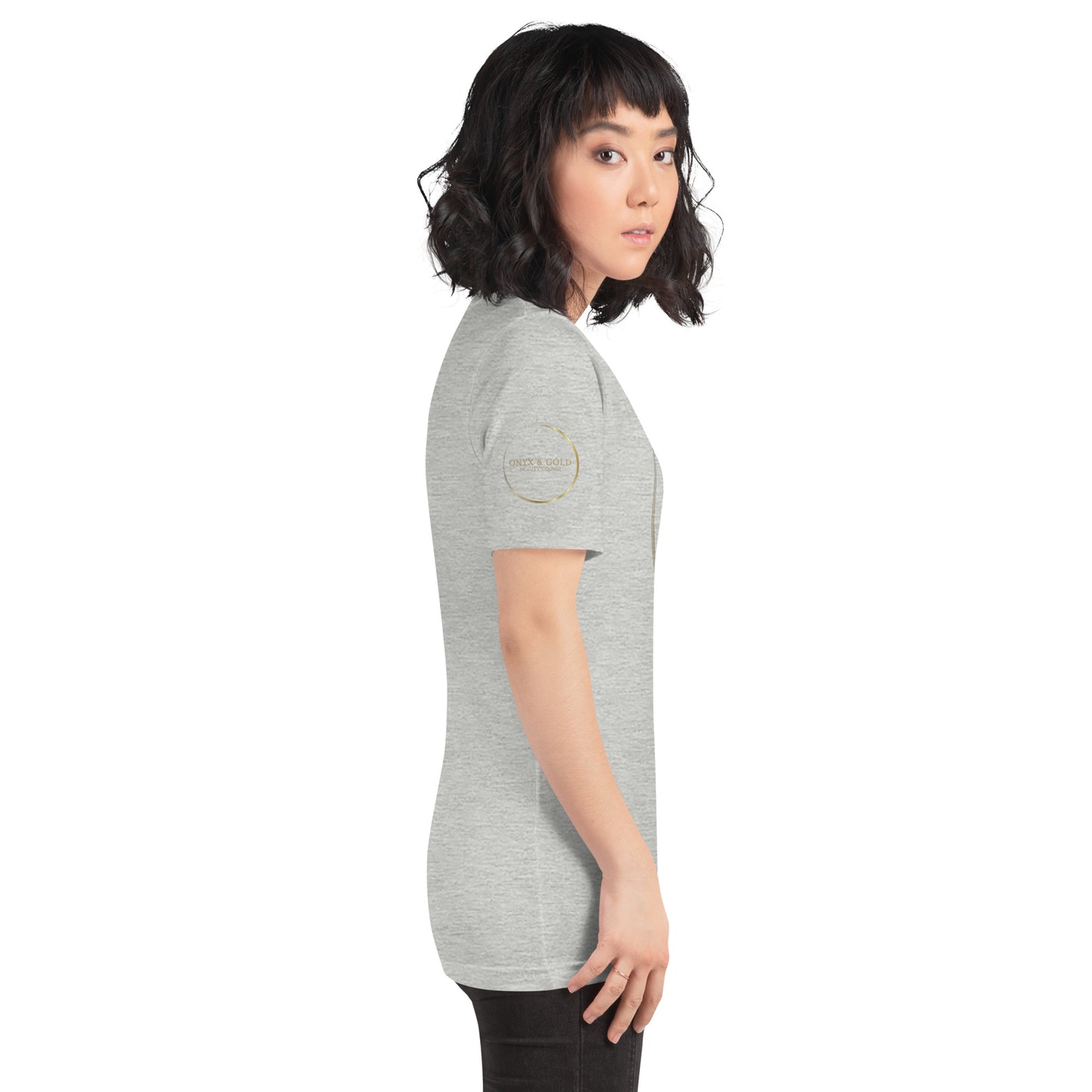 Onyx & Gold Unisex t-shirt - Gold Logo - Bella + Canvas 3001 - Right Sleeve Logo