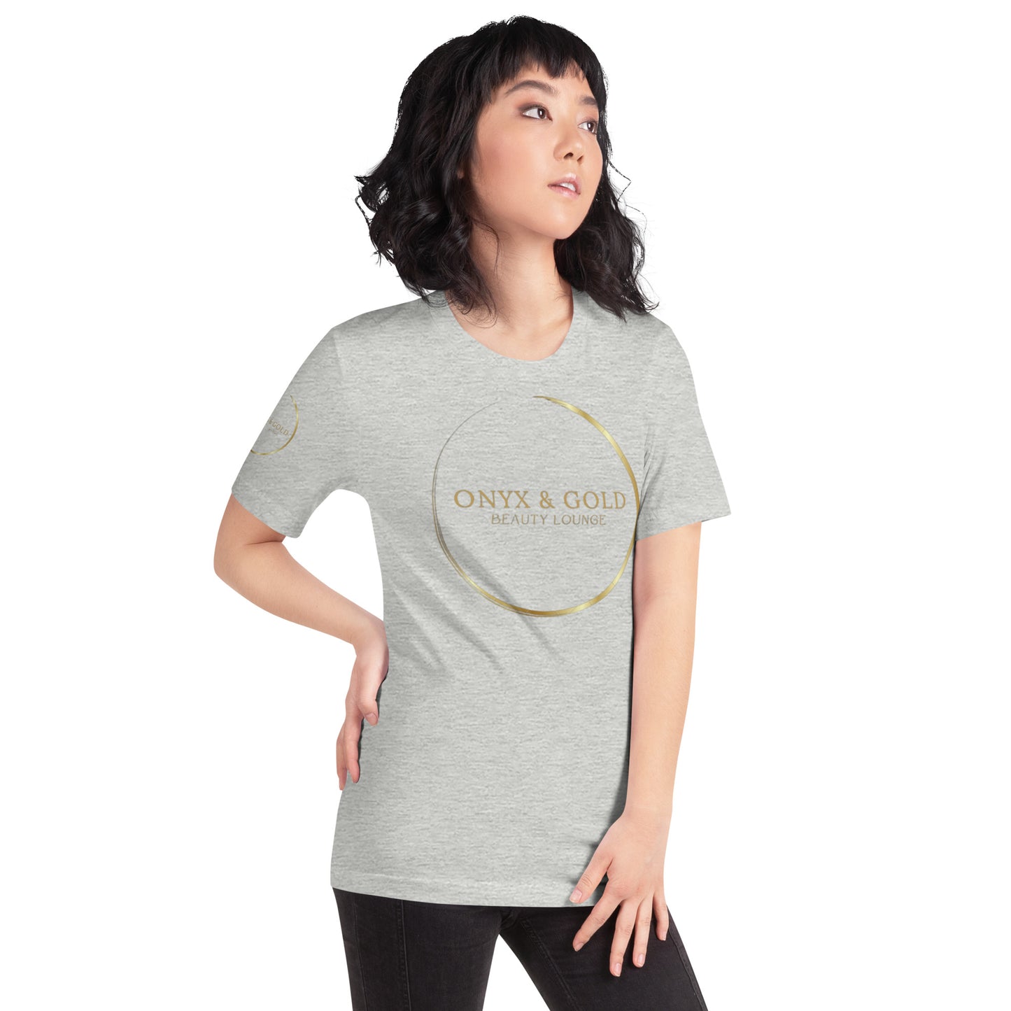 Onyx & Gold Unisex t-shirt - Gold Logo - Bella + Canvas 3001 - Right Sleeve Logo
