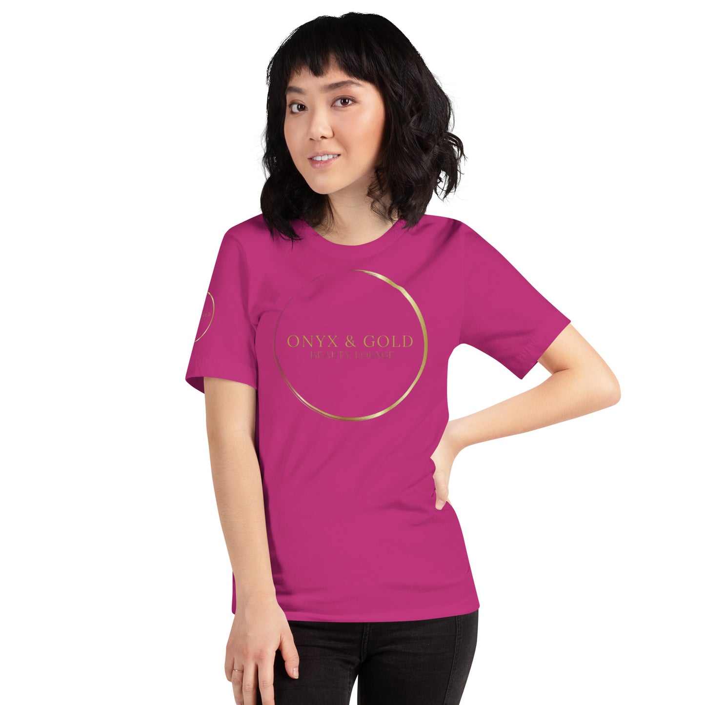 Onyx & Gold Unisex t-shirt - Gold Logo - Bella + Canvas 3001 - Right Sleeve Logo