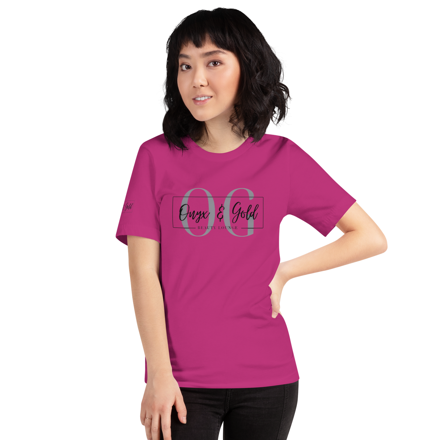 Onyx & Gold Unisex t-shirt - Bella + Canvas 3001 - OG Black Logo w/ Logo on Right sleeve