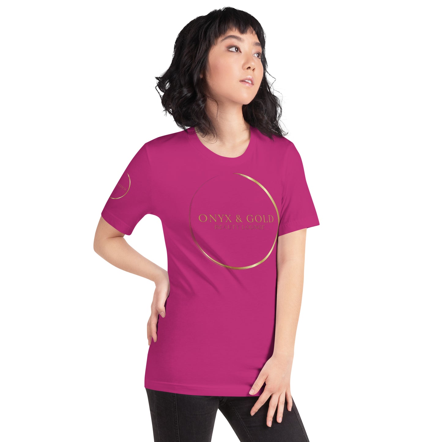Onyx & Gold Unisex t-shirt - Gold Logo - Bella + Canvas 3001 - Right Sleeve Logo