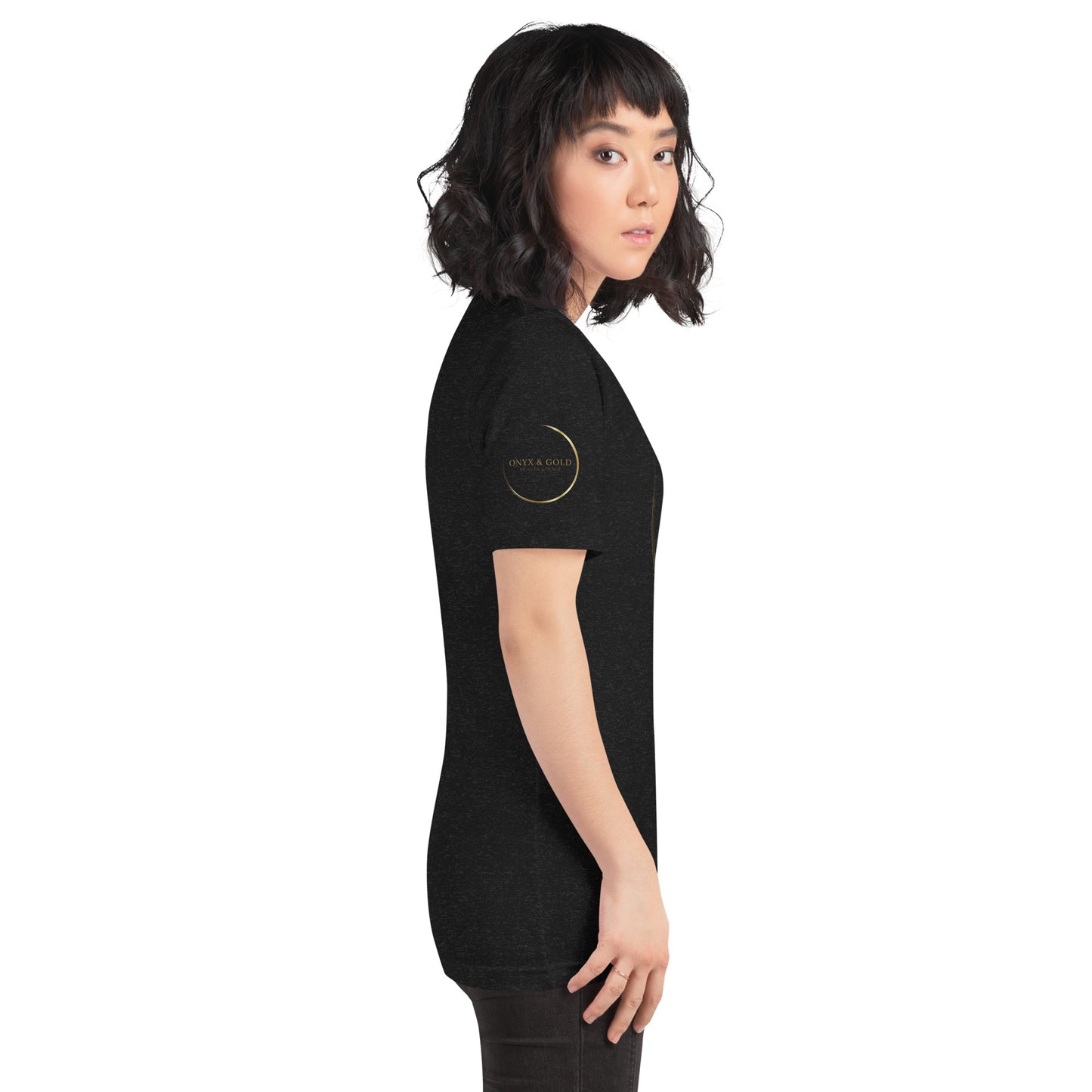 Onyx & Gold Unisex t-shirt - Gold Logo - Bella + Canvas 3001 - Right Sleeve Logo