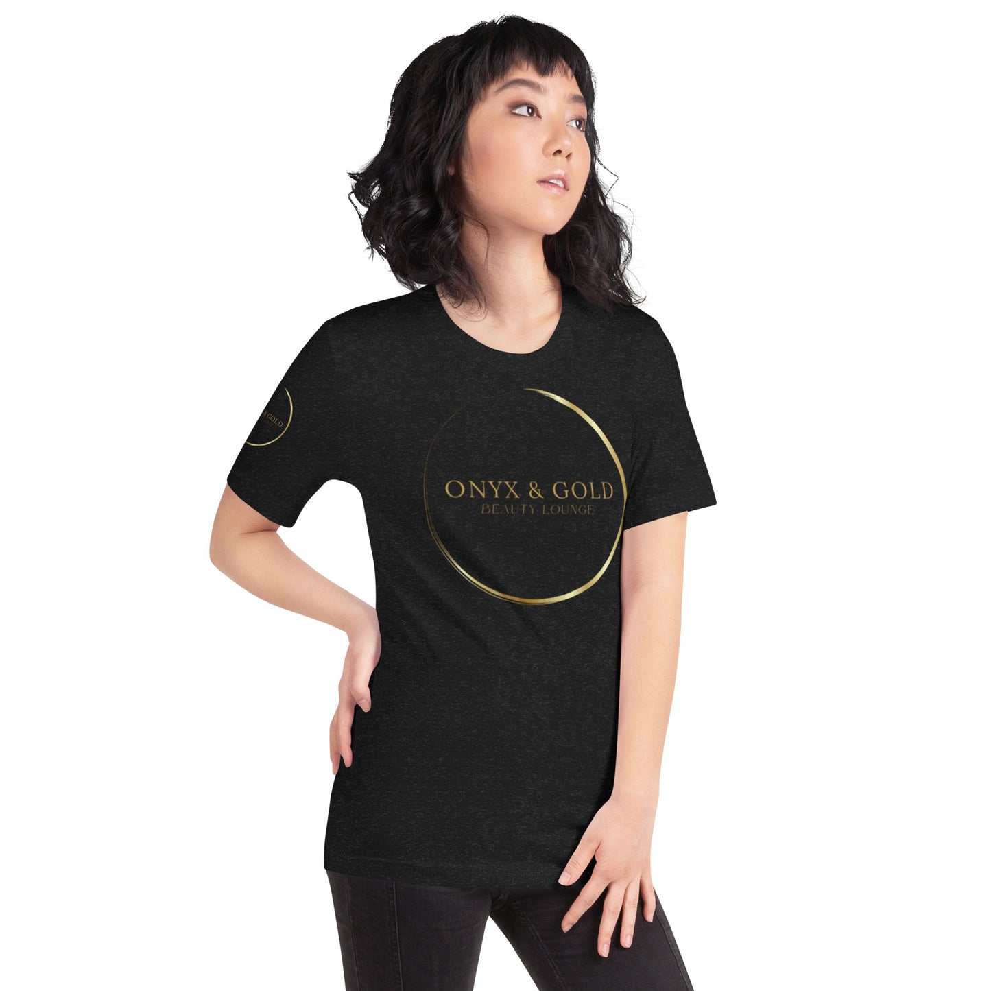Onyx & Gold Unisex t-shirt - Gold Logo - Bella + Canvas 3001 - Right Sleeve Logo