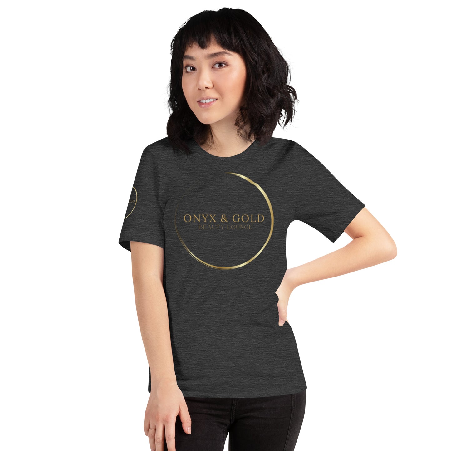 Onyx & Gold Unisex t-shirt - Gold Logo - Bella + Canvas 3001 - Right Sleeve Logo