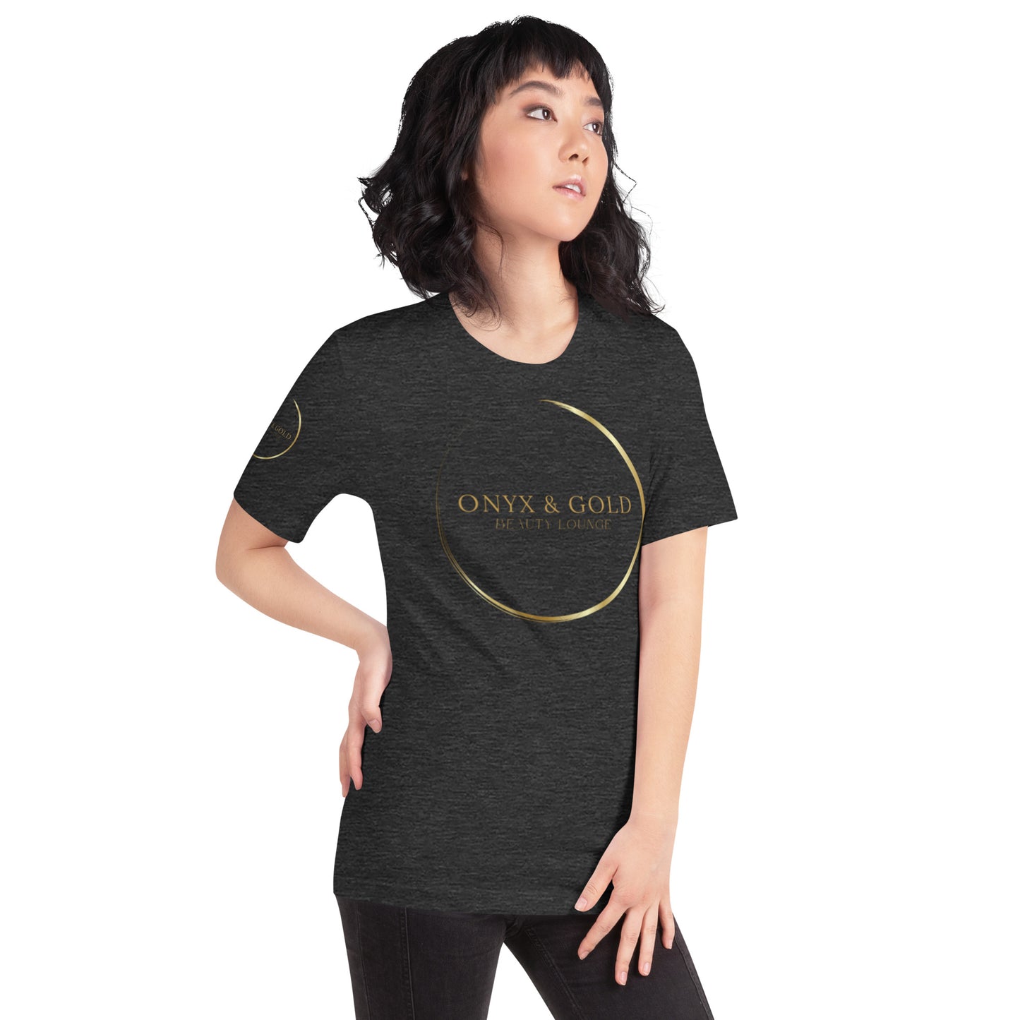 Onyx & Gold Unisex t-shirt - Gold Logo - Bella + Canvas 3001 - Right Sleeve Logo