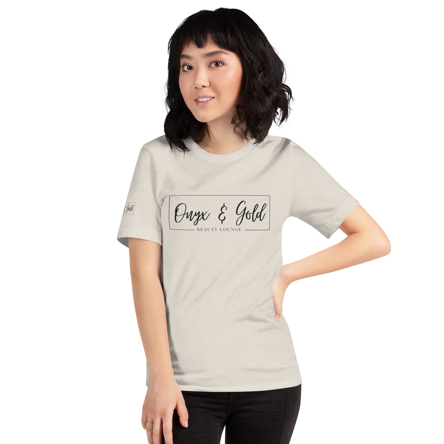 Onyx & Gold Unisex t-shirt - Bella + Canvas 3001 - Black Logo w/ Right Sleeve Logo