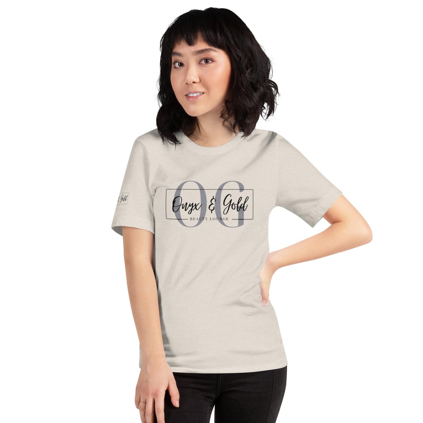 Onyx & Gold Unisex t-shirt - Bella + Canvas 3001 - OG Black Logo w/ Logo on Right sleeve