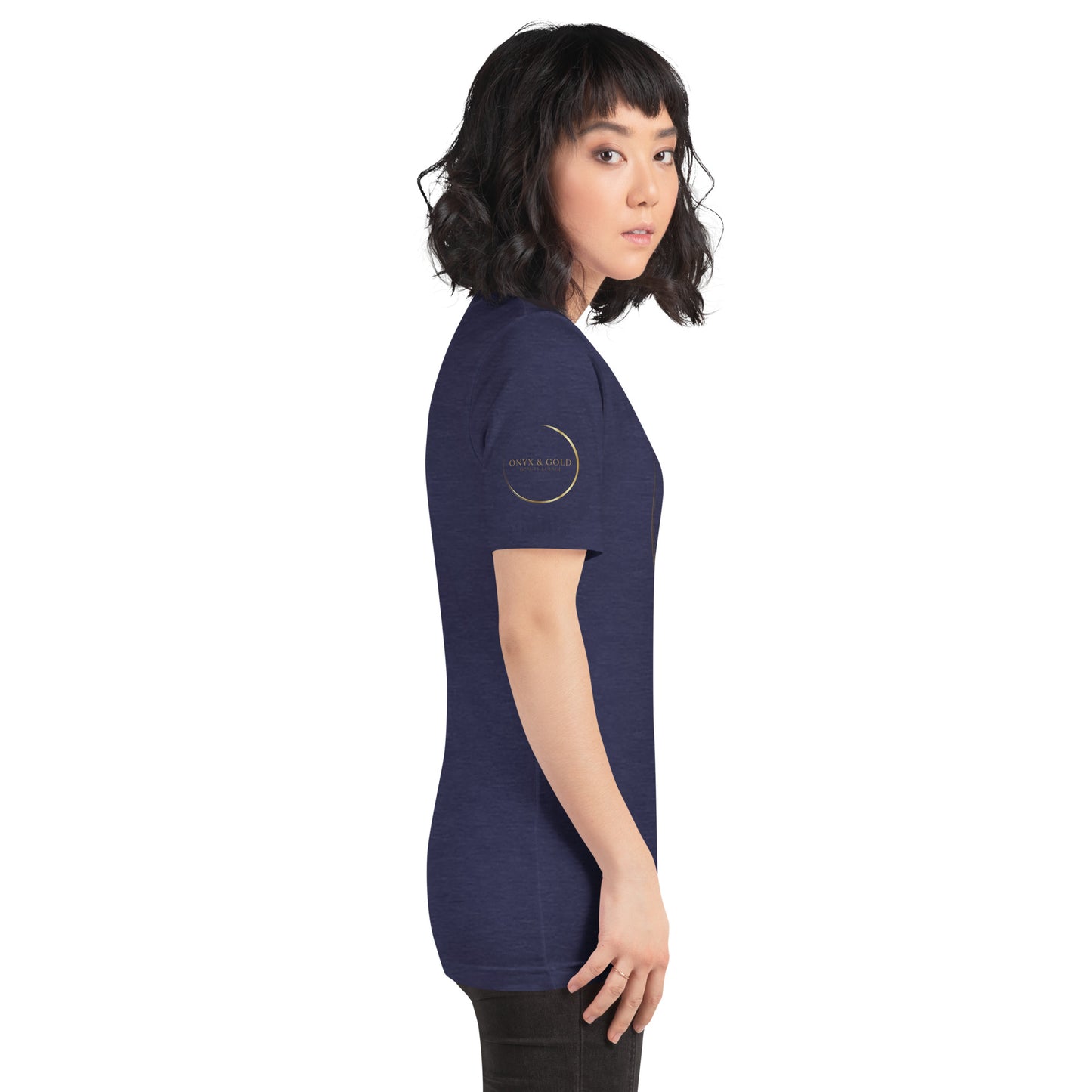 Onyx & Gold Unisex t-shirt - Gold Logo - Bella + Canvas 3001 - Right Sleeve Logo