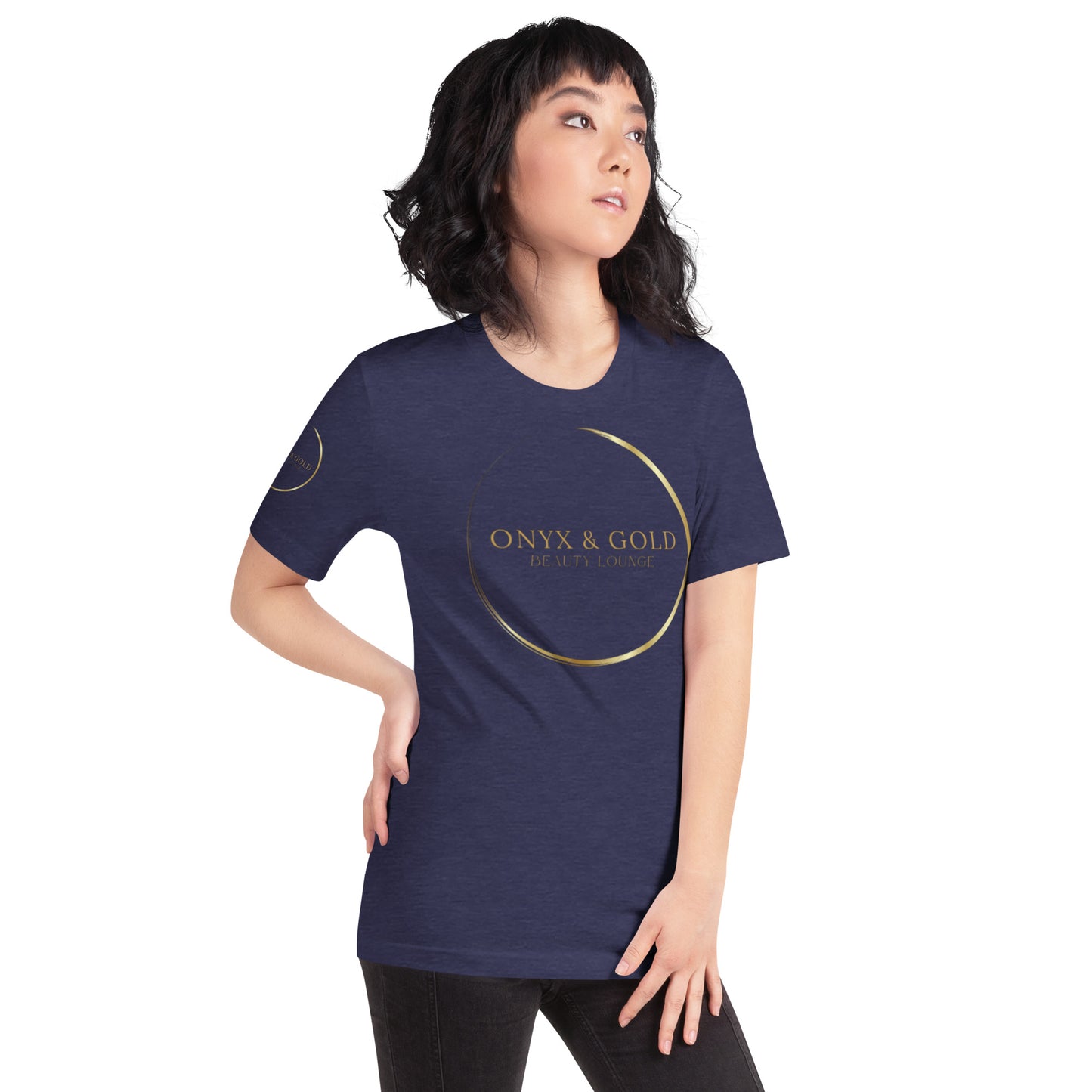 Onyx & Gold Unisex t-shirt - Gold Logo - Bella + Canvas 3001 - Right Sleeve Logo