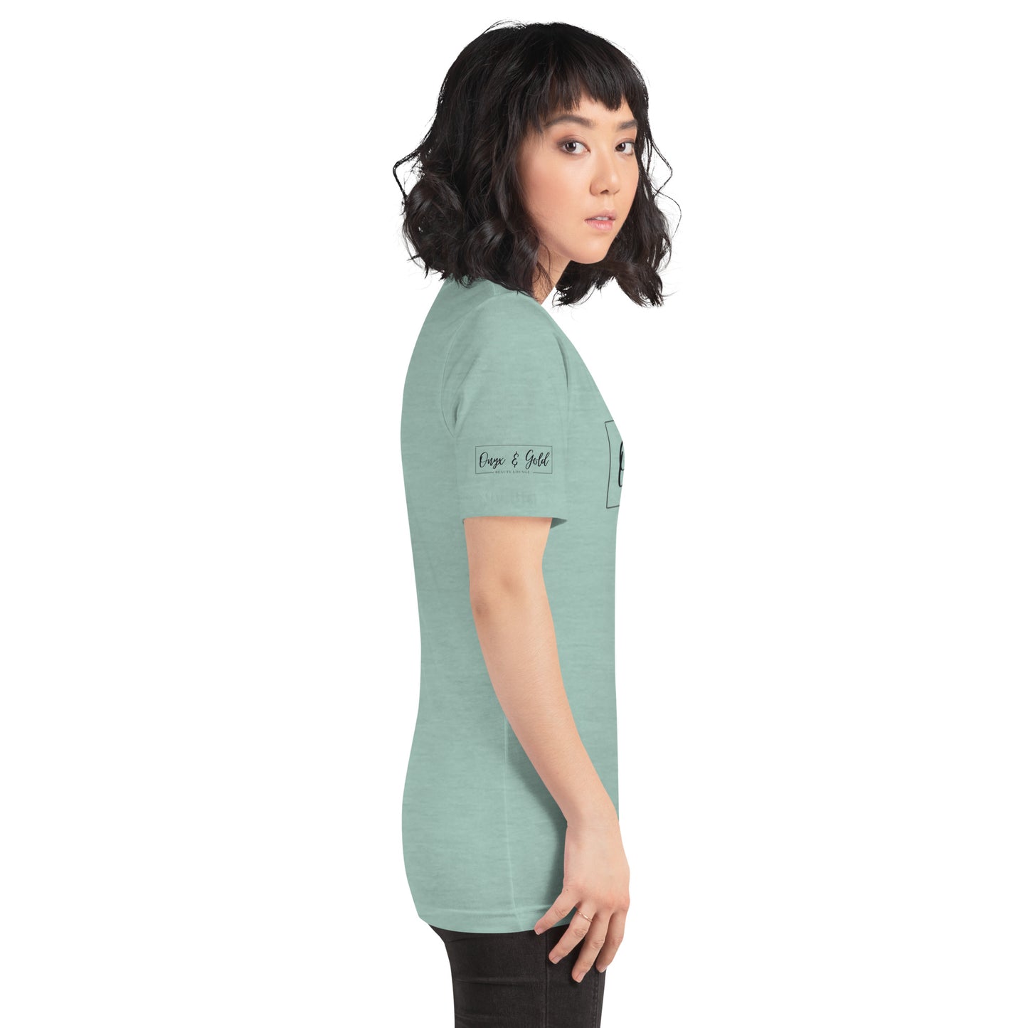 Onyx & Gold Unisex t-shirt - Bella + Canvas 3001 - Black Logo w/ Right Sleeve Logo