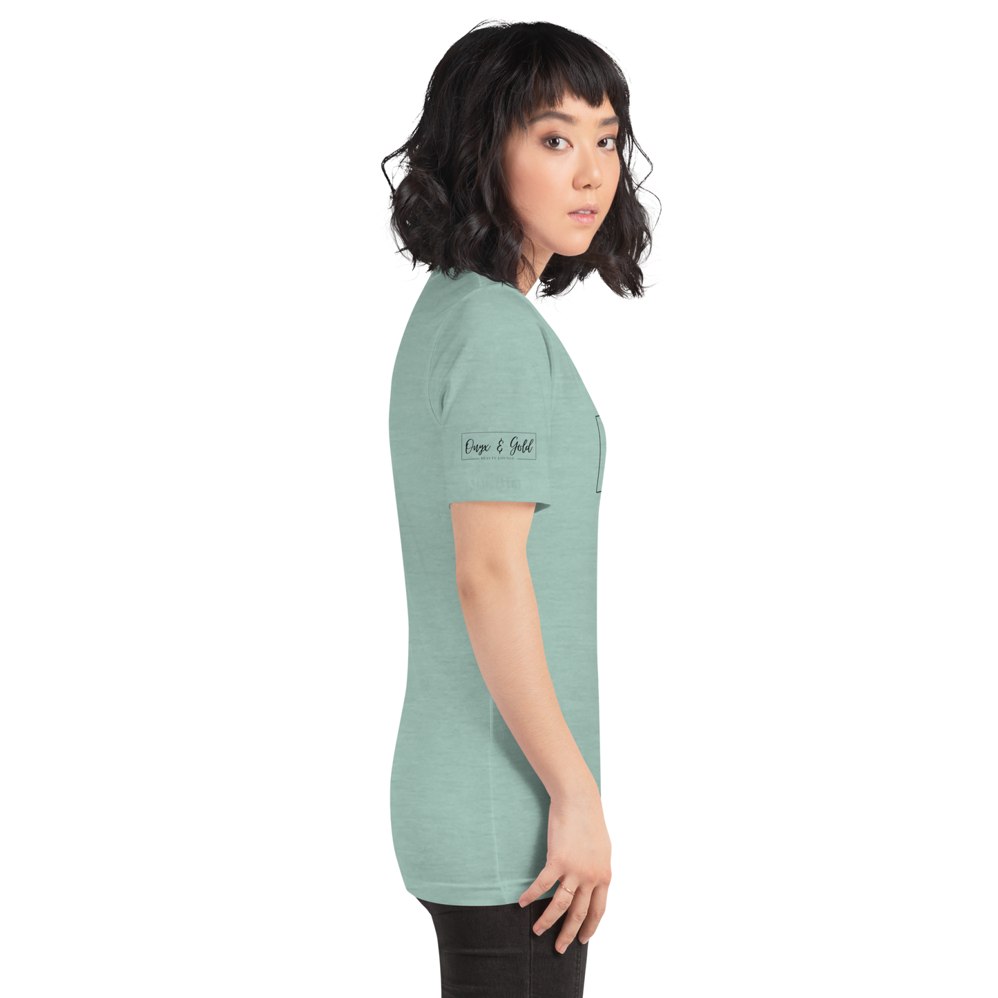 Onyx & Gold Unisex t-shirt - Bella + Canvas 3001 - OG Black Logo w/ Logo on Right sleeve