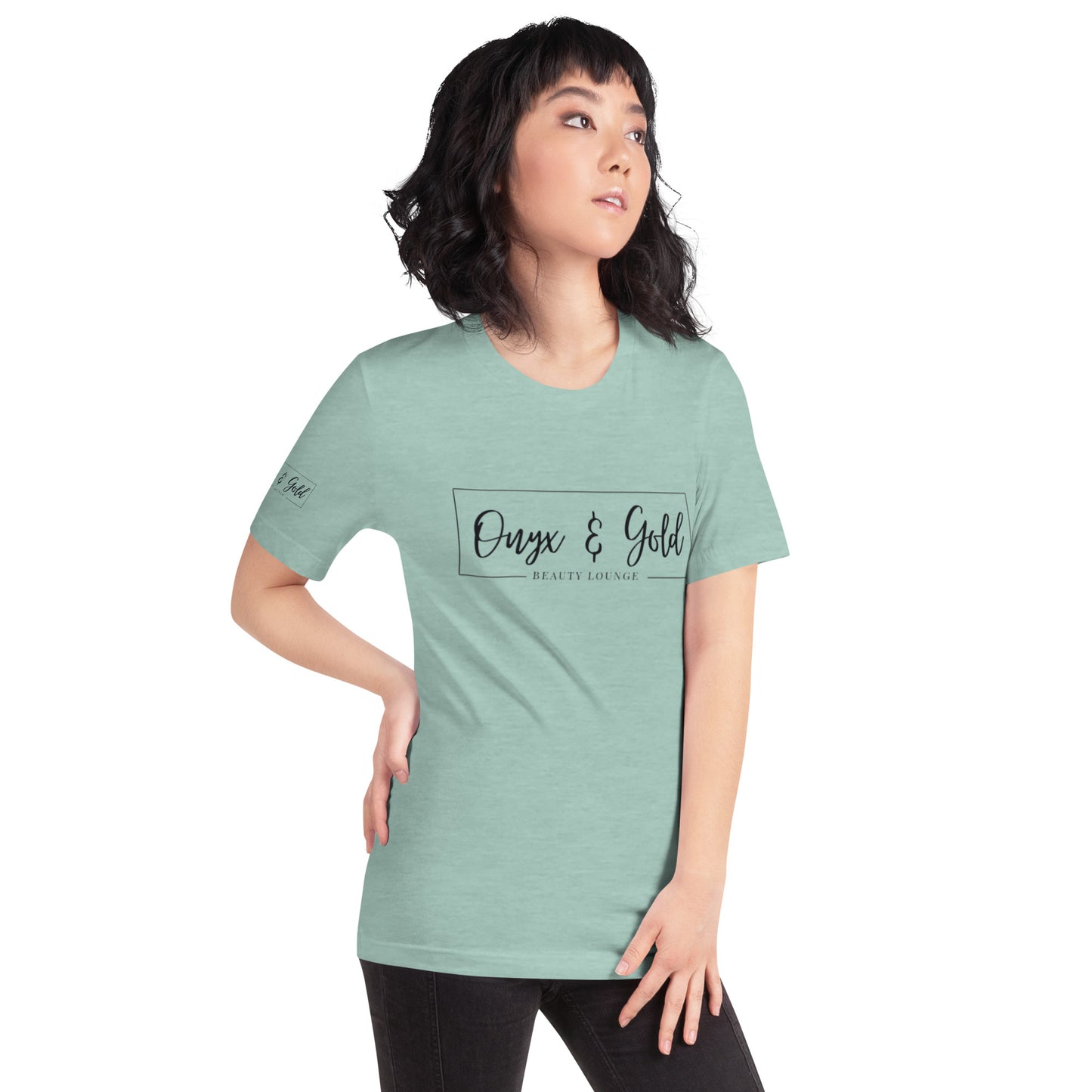 Onyx & Gold Unisex t-shirt - Bella + Canvas 3001 - Black Logo w/ Right Sleeve Logo