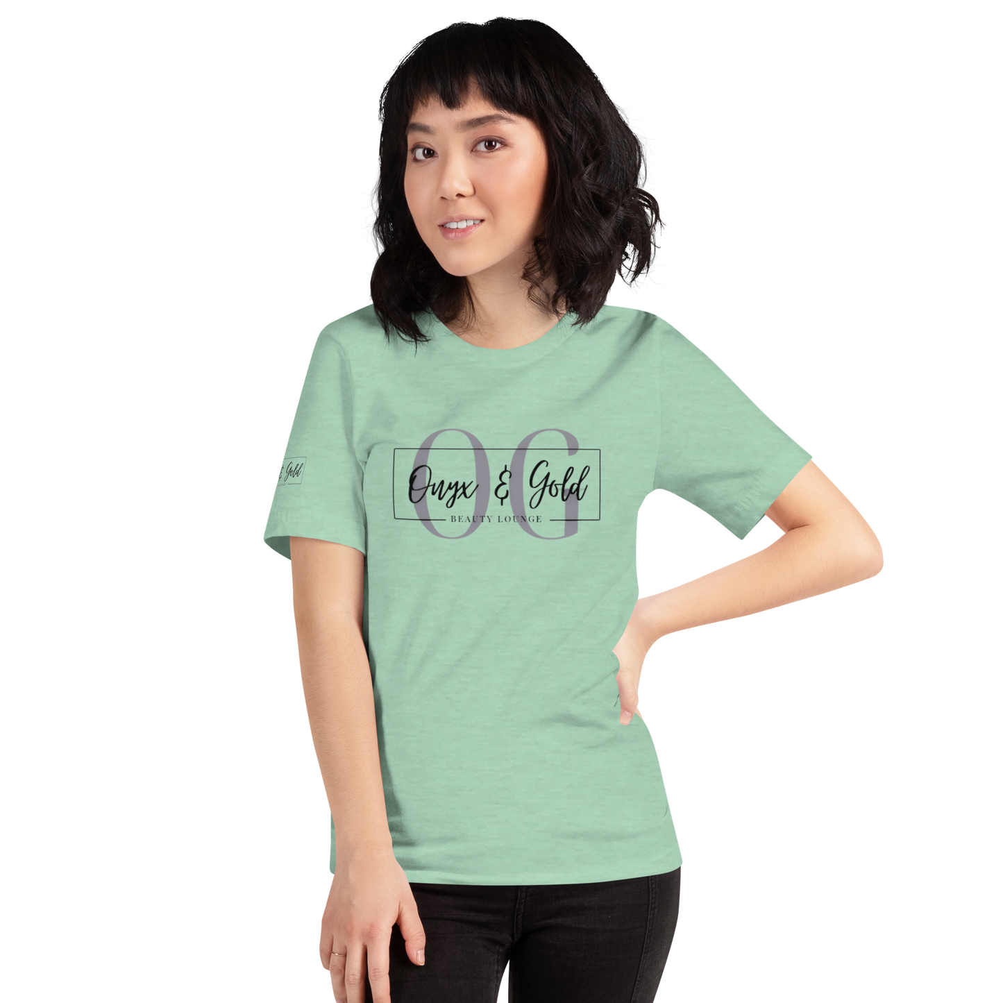 Onyx & Gold Unisex t-shirt - Bella + Canvas 3001 - OG Black Logo w/ Logo on Right sleeve