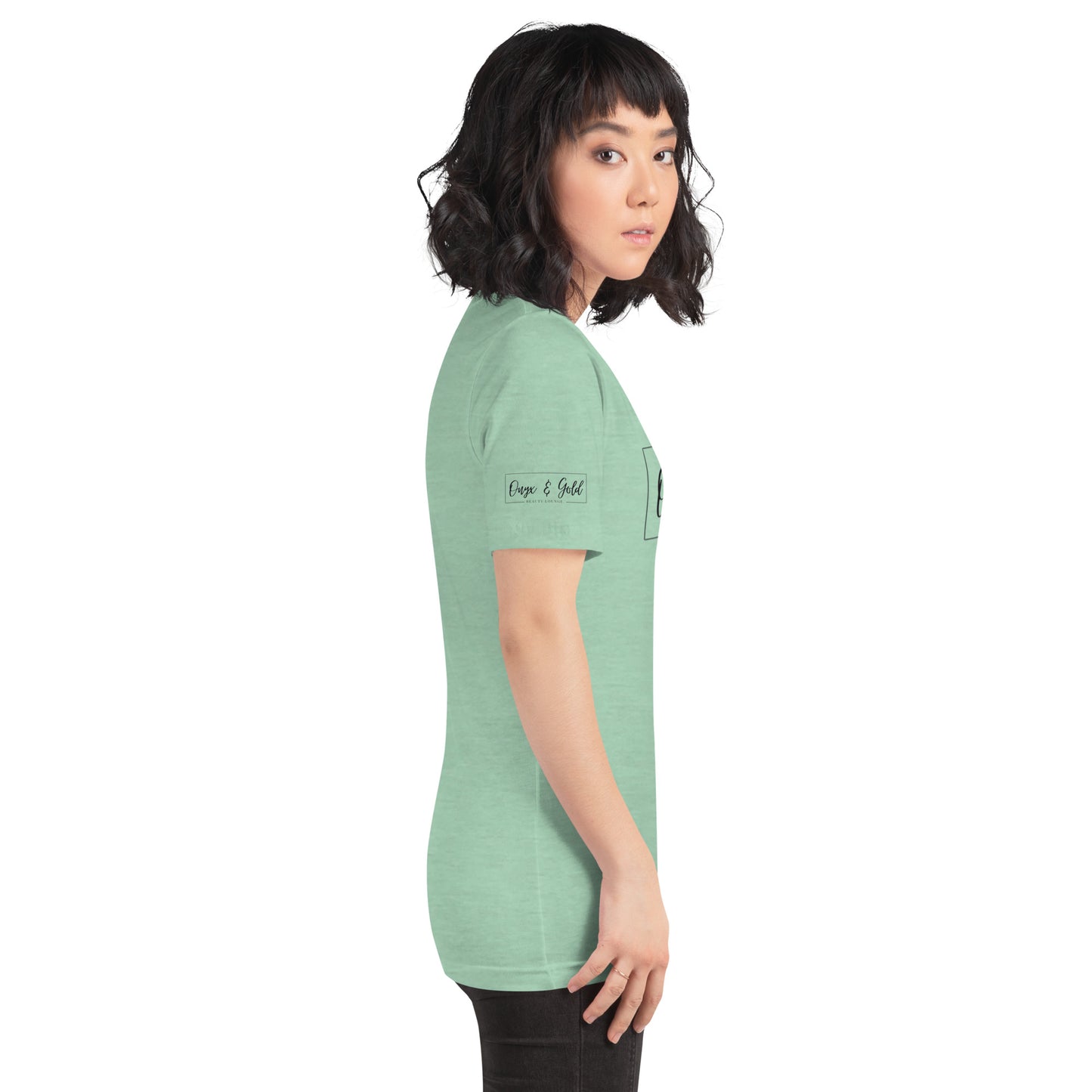Onyx & Gold Unisex t-shirt - Bella + Canvas 3001 - Black Logo w/ Right Sleeve Logo