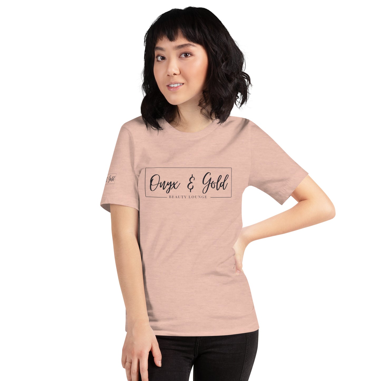 Onyx & Gold Unisex t-shirt - Bella + Canvas 3001 - Black Logo w/ Right Sleeve Logo