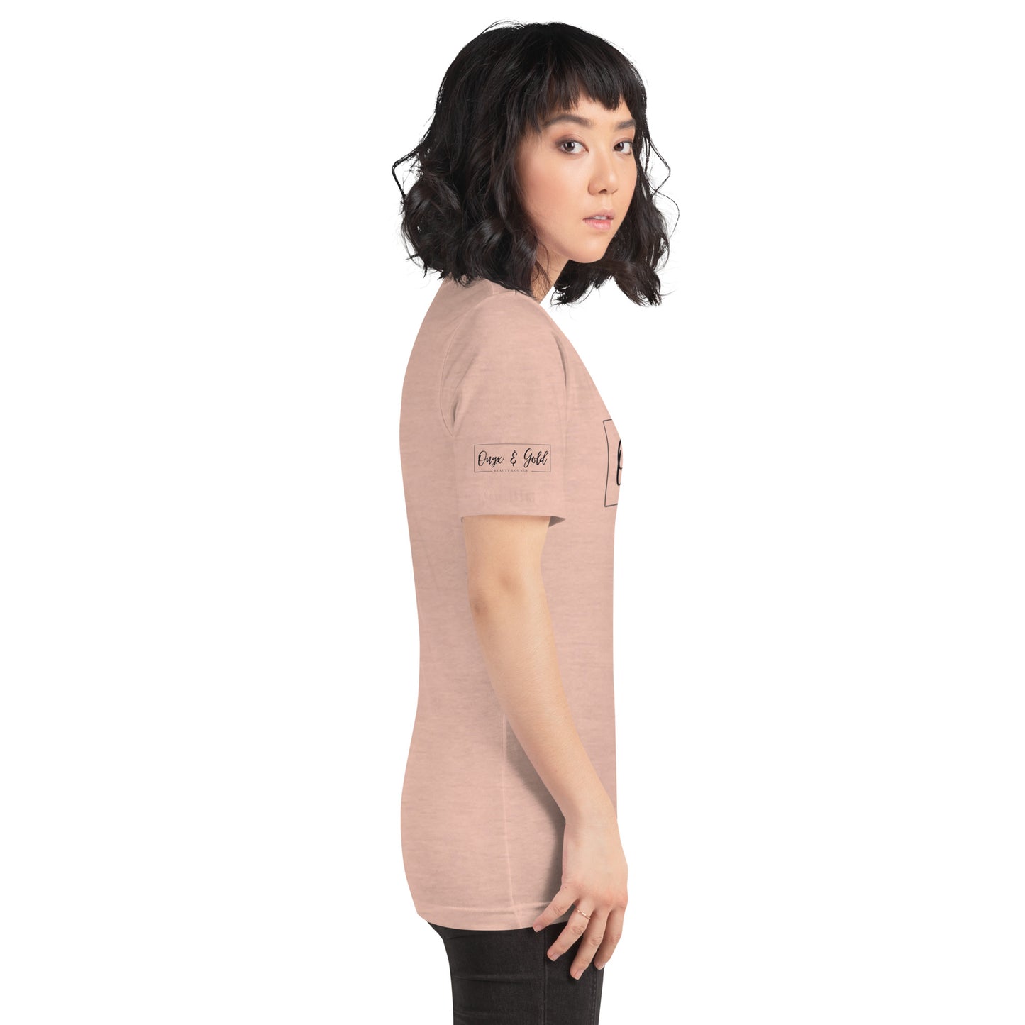 Onyx & Gold Unisex t-shirt - Bella + Canvas 3001 - Black Logo w/ Right Sleeve Logo