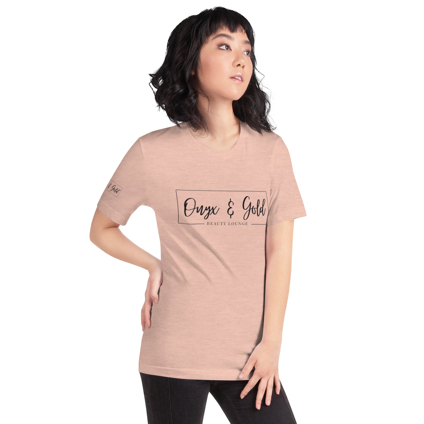 Onyx & Gold Unisex t-shirt - Bella + Canvas 3001 - Black Logo w/ Right Sleeve Logo