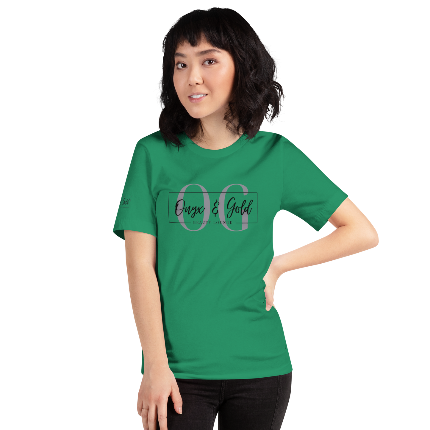 Onyx & Gold Unisex t-shirt - Bella + Canvas 3001 - OG Black Logo w/ Logo on Right sleeve
