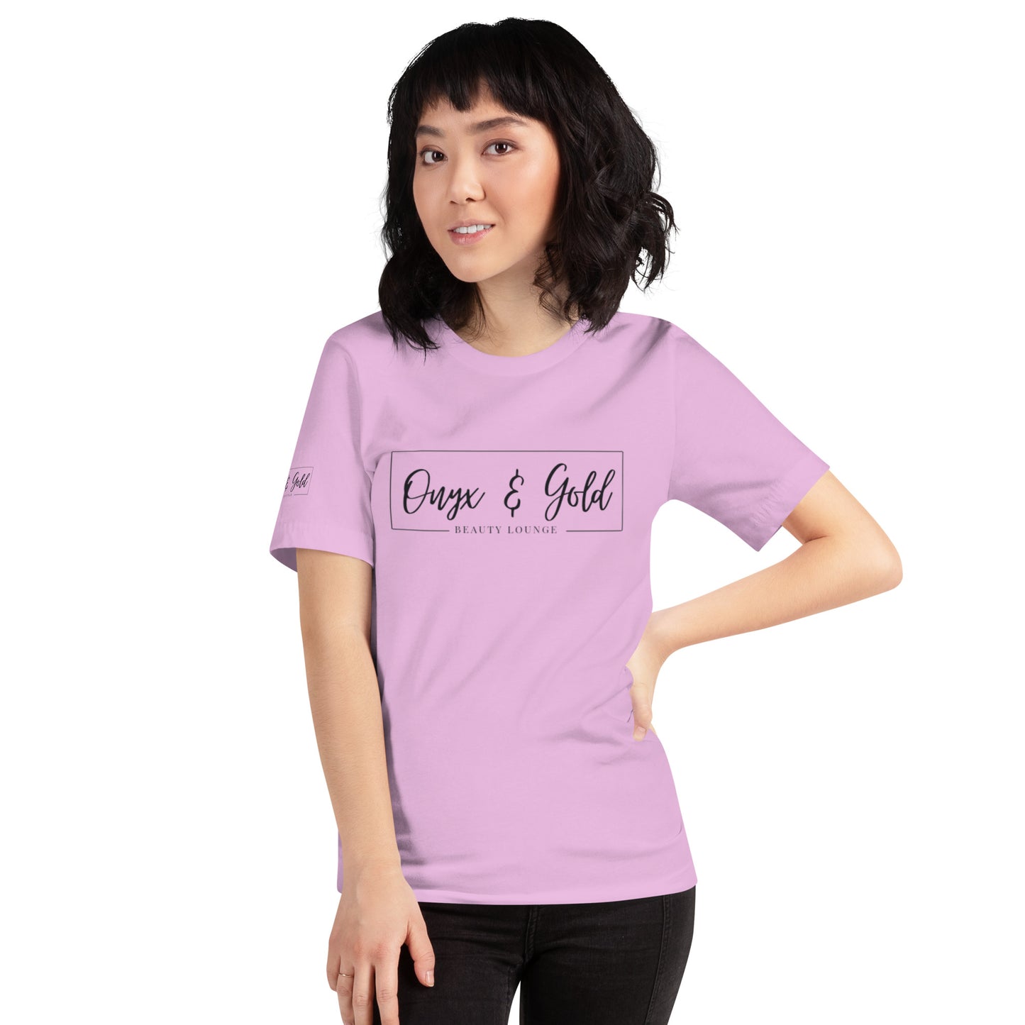 Onyx & Gold Unisex t-shirt - Bella + Canvas 3001 - Black Logo w/ Right Sleeve Logo