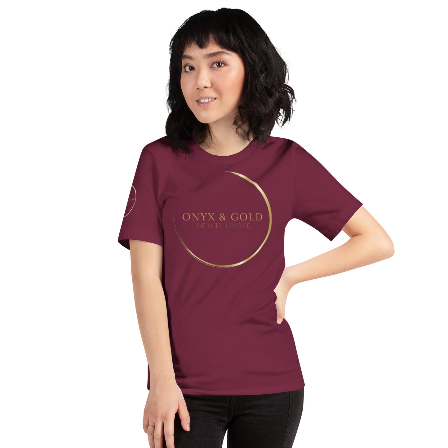 Onyx & Gold Unisex t-shirt - Gold Logo - Bella + Canvas 3001 - Right Sleeve Logo
