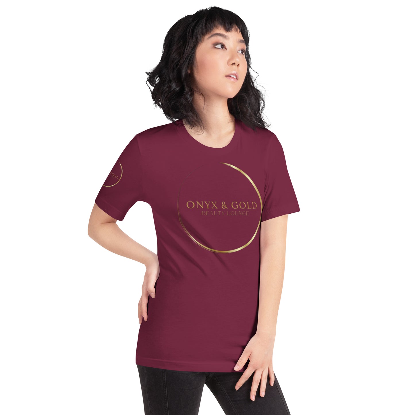 Onyx & Gold Unisex t-shirt - Gold Logo - Bella + Canvas 3001 - Right Sleeve Logo