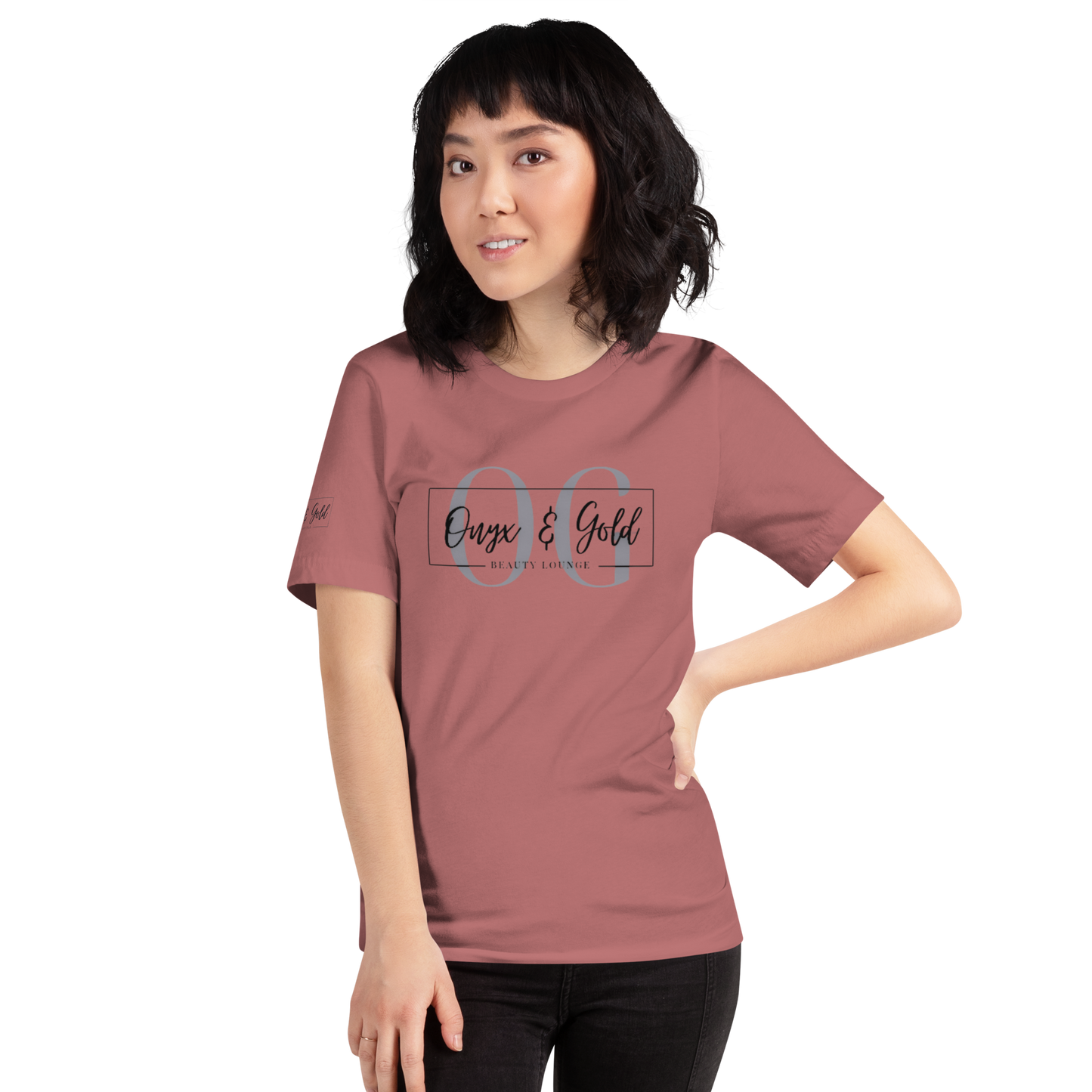 Onyx & Gold Unisex t-shirt - Bella + Canvas 3001 - OG Black Logo w/ Logo on Right sleeve