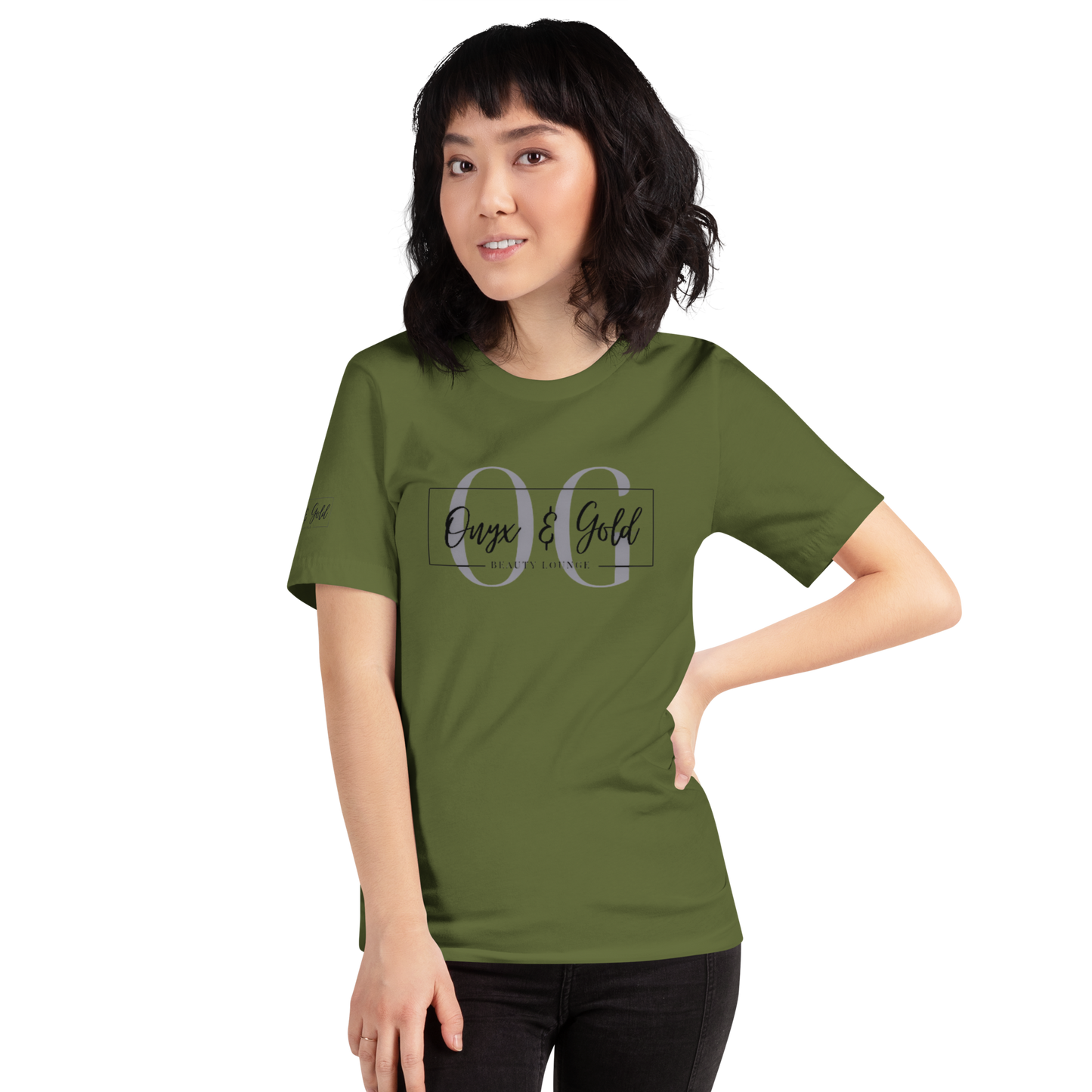 Onyx & Gold Unisex t-shirt - Bella + Canvas 3001 - OG Black Logo w/ Logo on Right sleeve