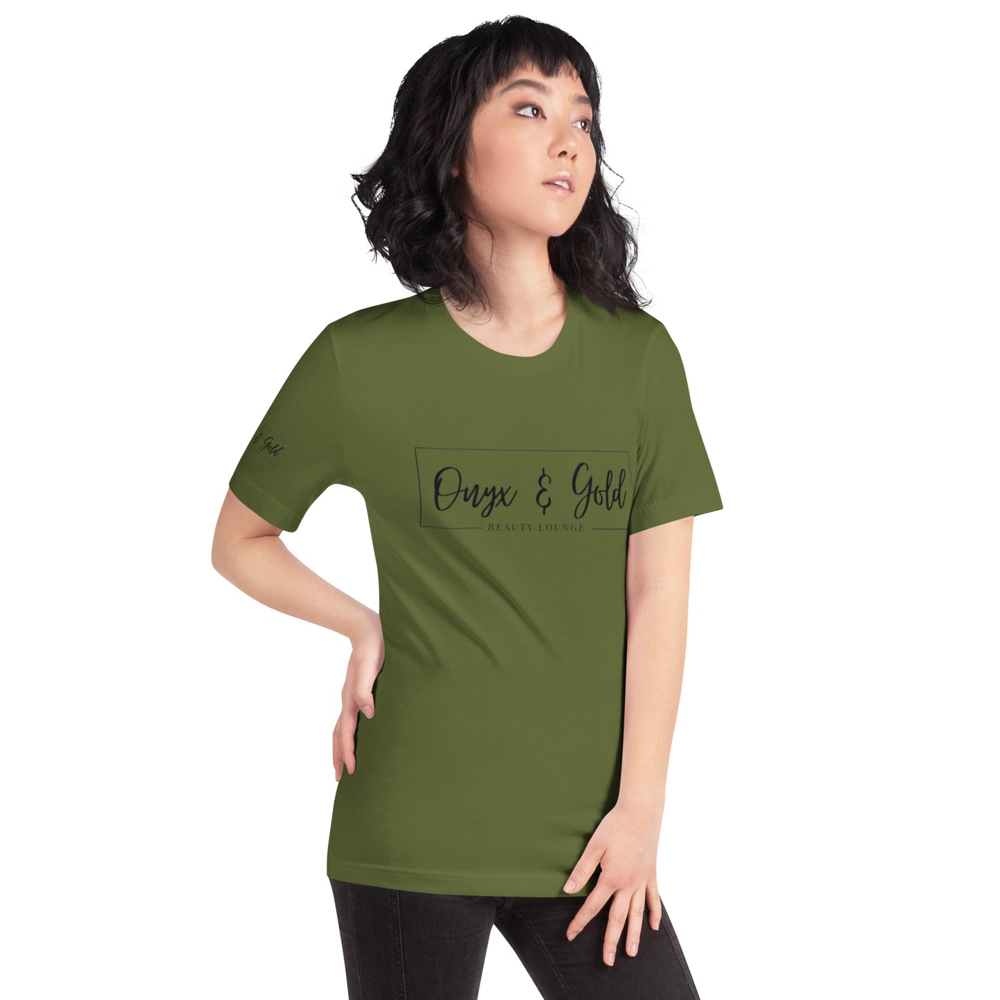 Onyx & Gold Unisex t-shirt - Bella + Canvas 3001 - Black Logo w/ Right Sleeve Logo