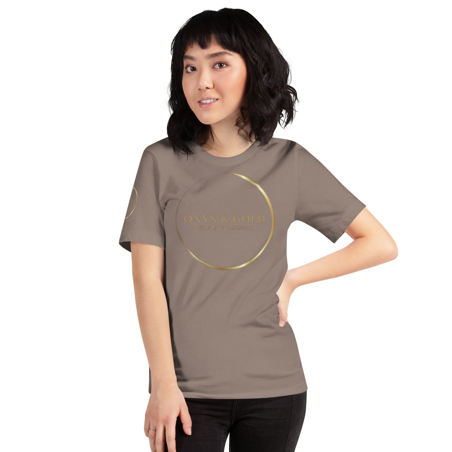 Onyx & Gold Unisex t-shirt - Gold Logo - Bella + Canvas 3001 - Right Sleeve Logo