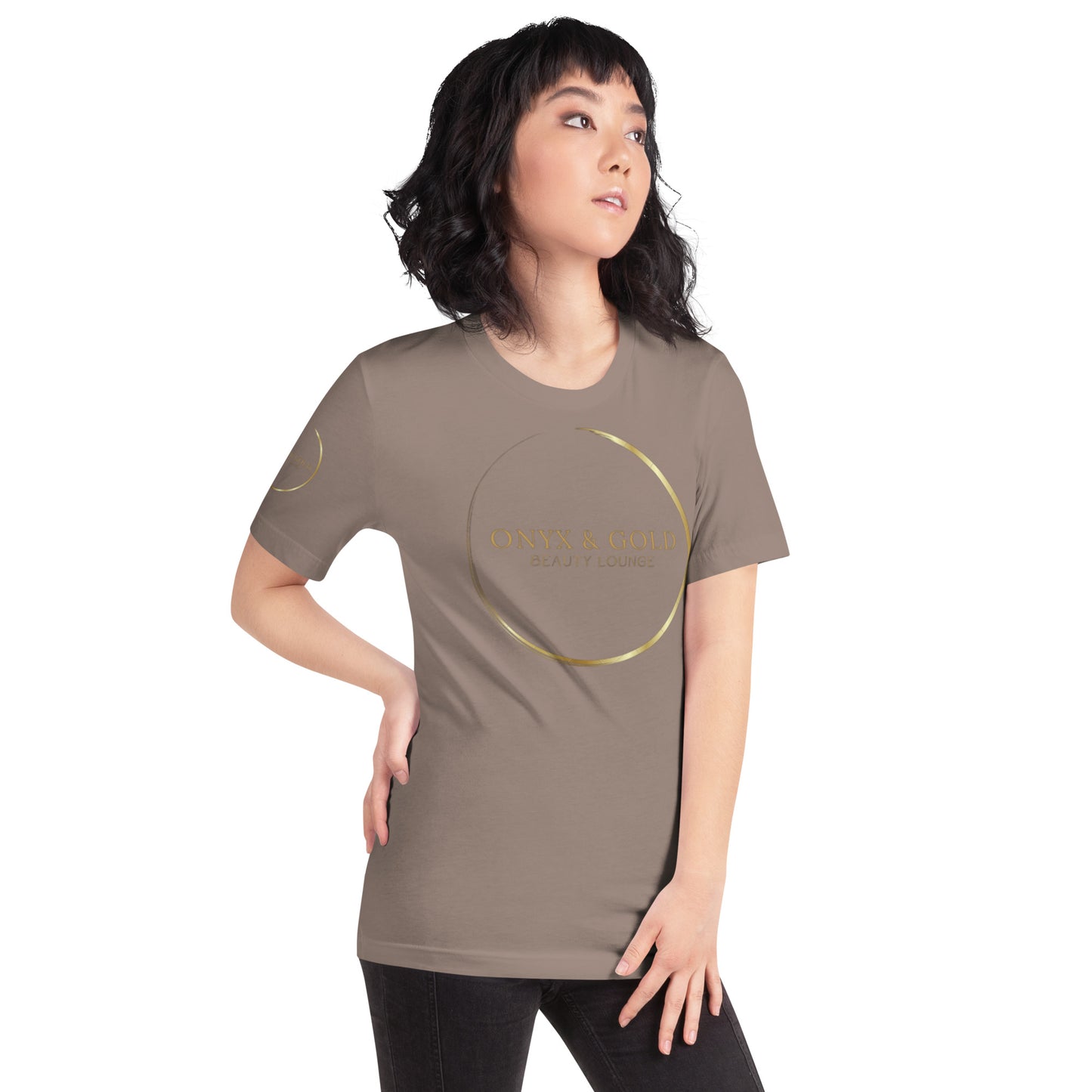 Onyx & Gold Unisex t-shirt - Gold Logo - Bella + Canvas 3001 - Right Sleeve Logo