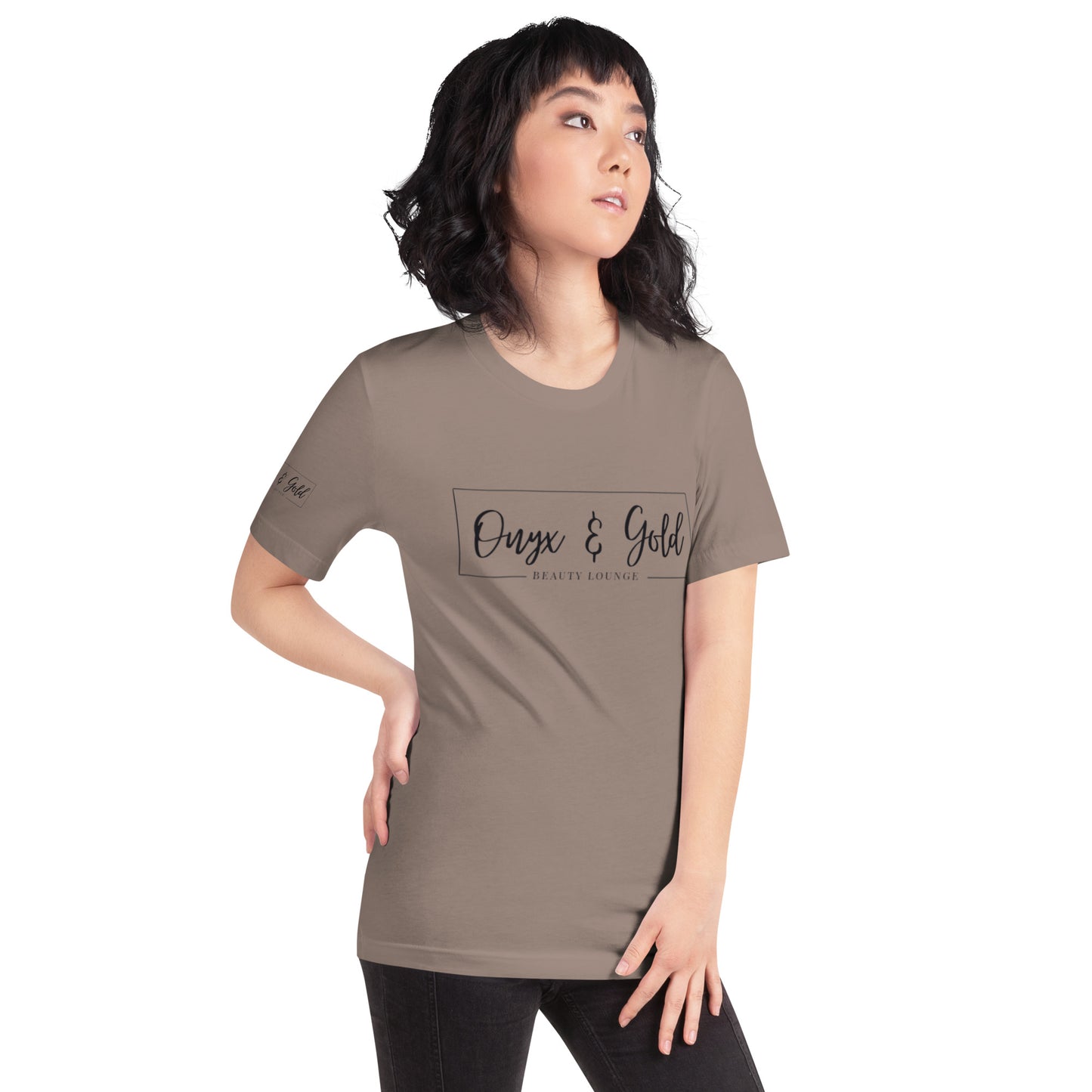 Onyx & Gold Unisex t-shirt - Bella + Canvas 3001 - Black Logo w/ Right Sleeve Logo