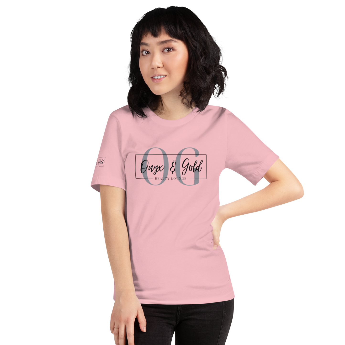 Onyx & Gold Unisex t-shirt - Bella + Canvas 3001 - OG Black Logo w/ Logo on Right sleeve