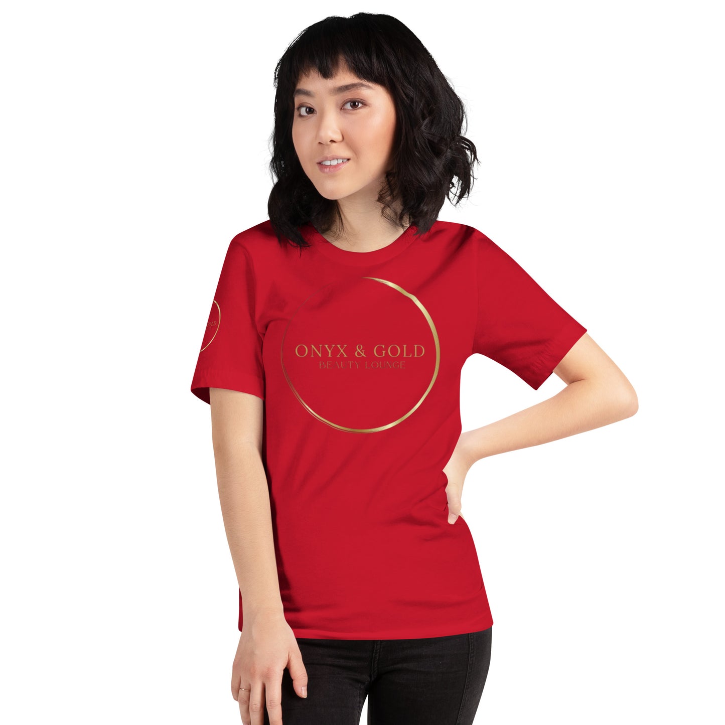 Onyx & Gold Unisex t-shirt - Gold Logo - Bella + Canvas 3001 - Right Sleeve Logo