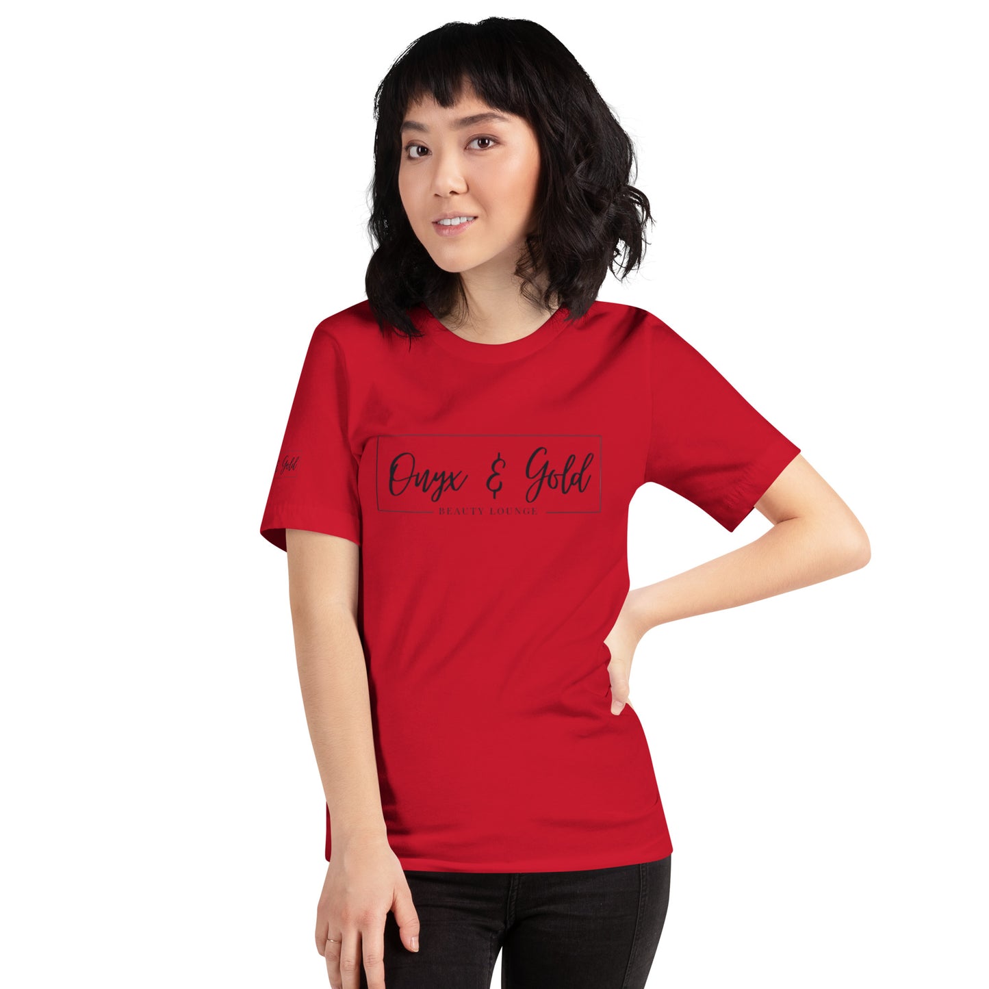 Onyx & Gold Unisex t-shirt - Bella + Canvas 3001 - Black Logo w/ Right Sleeve Logo