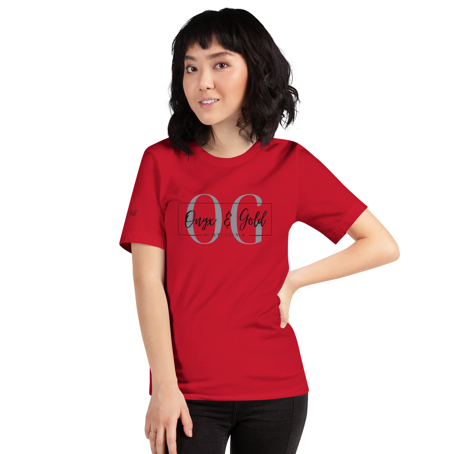 Onyx & Gold Unisex t-shirt - Bella + Canvas 3001 - OG Black Logo w/ Logo on Right sleeve