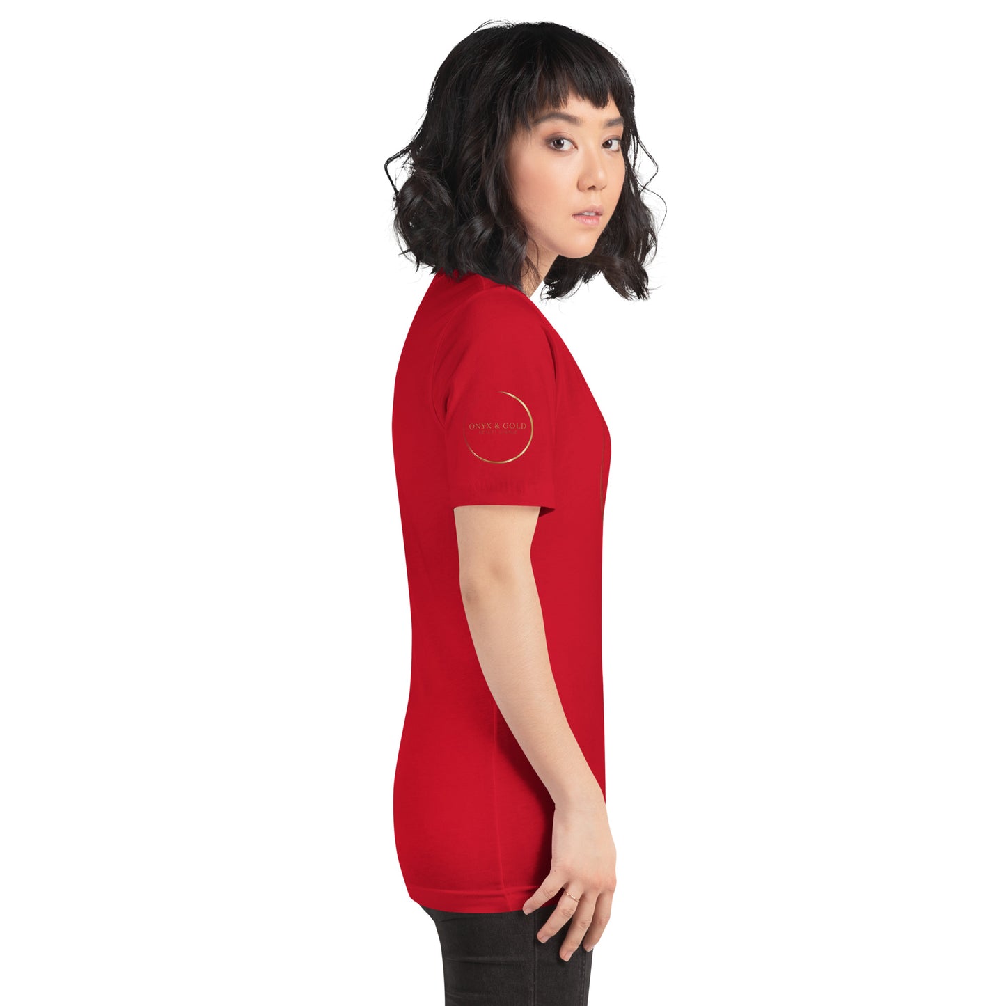 Onyx & Gold Unisex t-shirt - Gold Logo - Bella + Canvas 3001 - Right Sleeve Logo