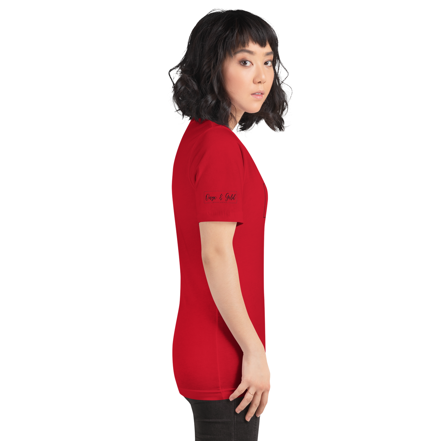 Onyx & Gold Unisex t-shirt - Bella + Canvas 3001 - OG Black Logo w/ Logo on Right sleeve