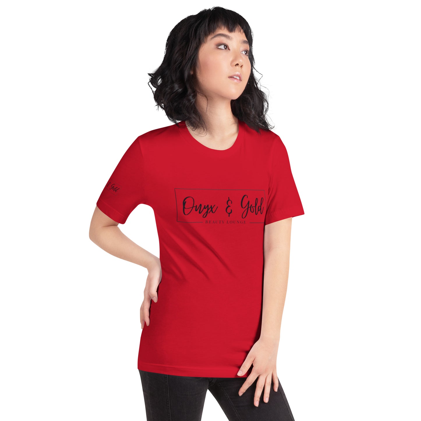 Onyx & Gold Unisex t-shirt - Bella + Canvas 3001 - Black Logo w/ Right Sleeve Logo