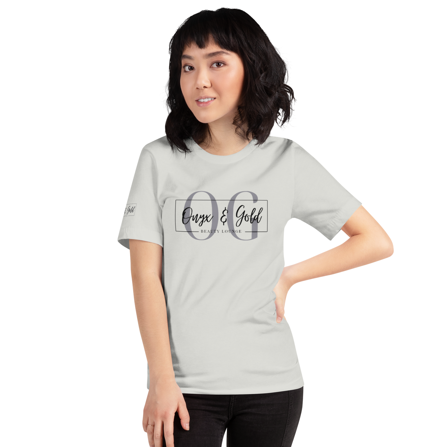 Onyx & Gold Unisex t-shirt - Bella + Canvas 3001 - OG Black Logo w/ Logo on Right sleeve