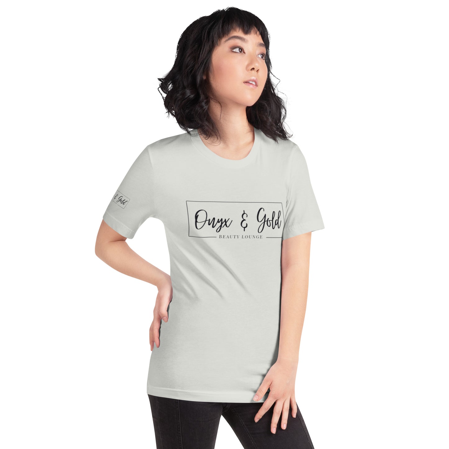 Onyx & Gold Unisex t-shirt - Bella + Canvas 3001 - Black Logo w/ Right Sleeve Logo