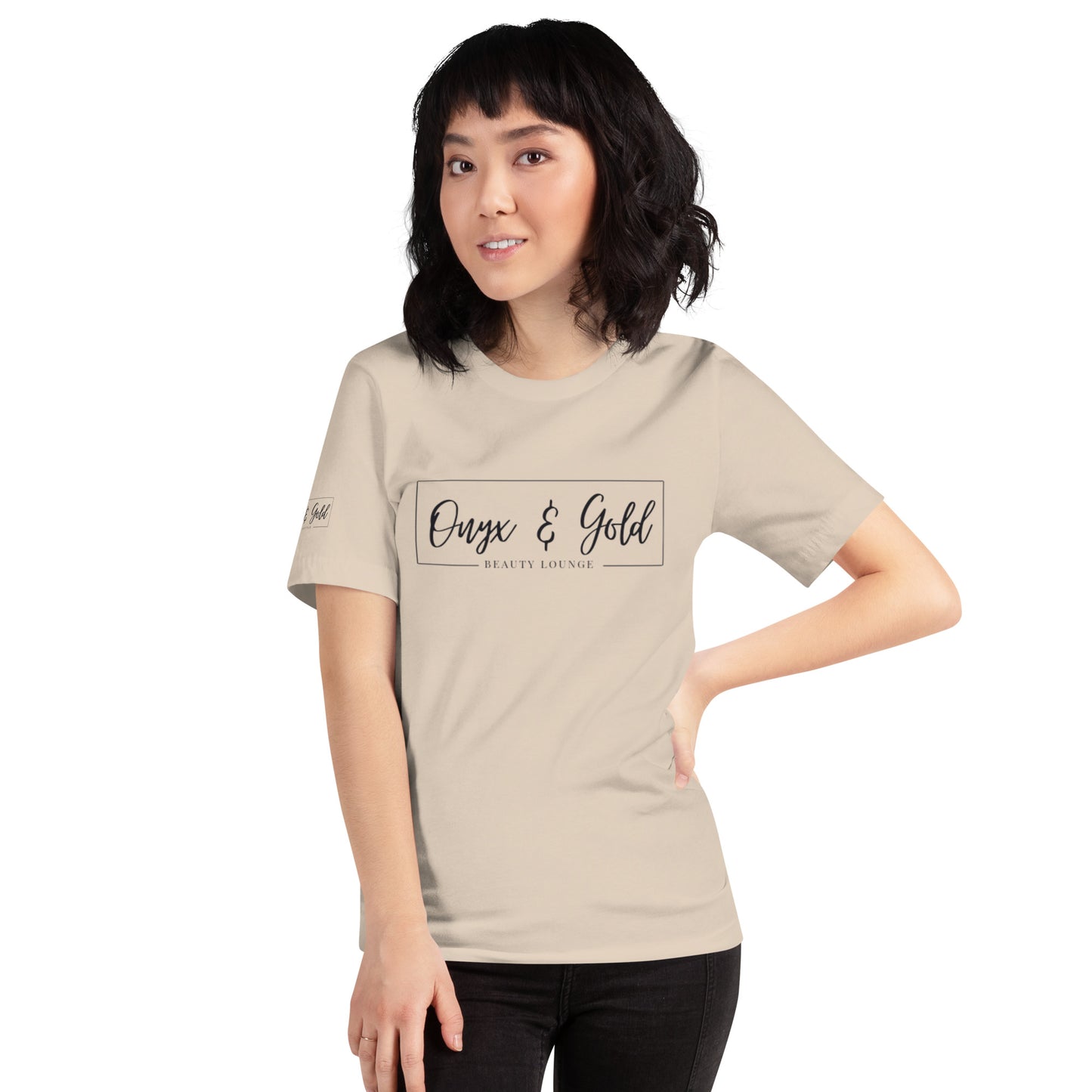 Onyx & Gold Unisex t-shirt - Bella + Canvas 3001 - Black Logo w/ Right Sleeve Logo